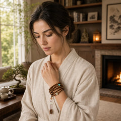 Tibetan Rosewood Protection Calm Bracelet Mala featuring Rosewood, Red Agate, Green Aventurine