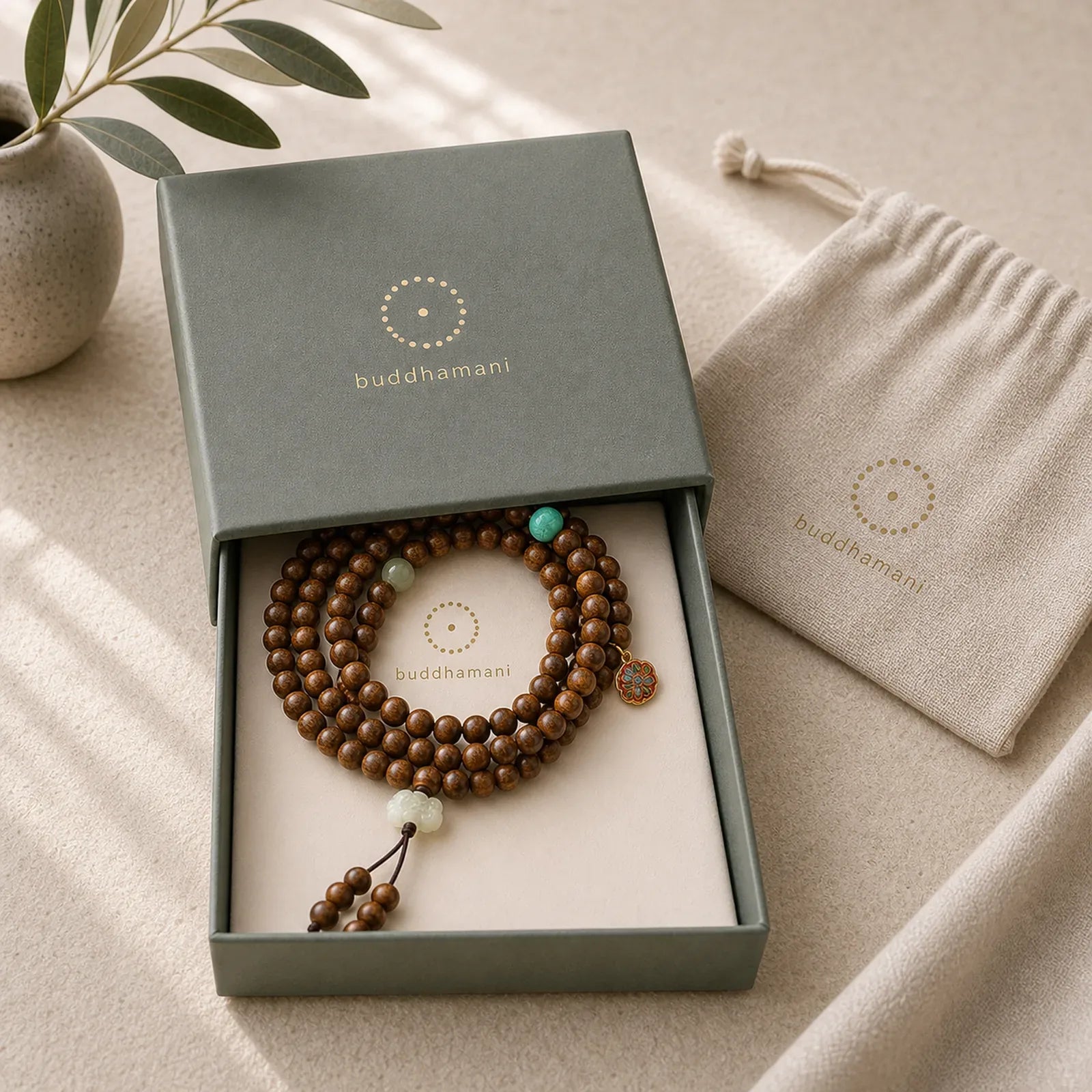 Tibetan Rosewood Protection Calm Bracelet Mala featuring Rosewood, Red Agate, Green Aventurine