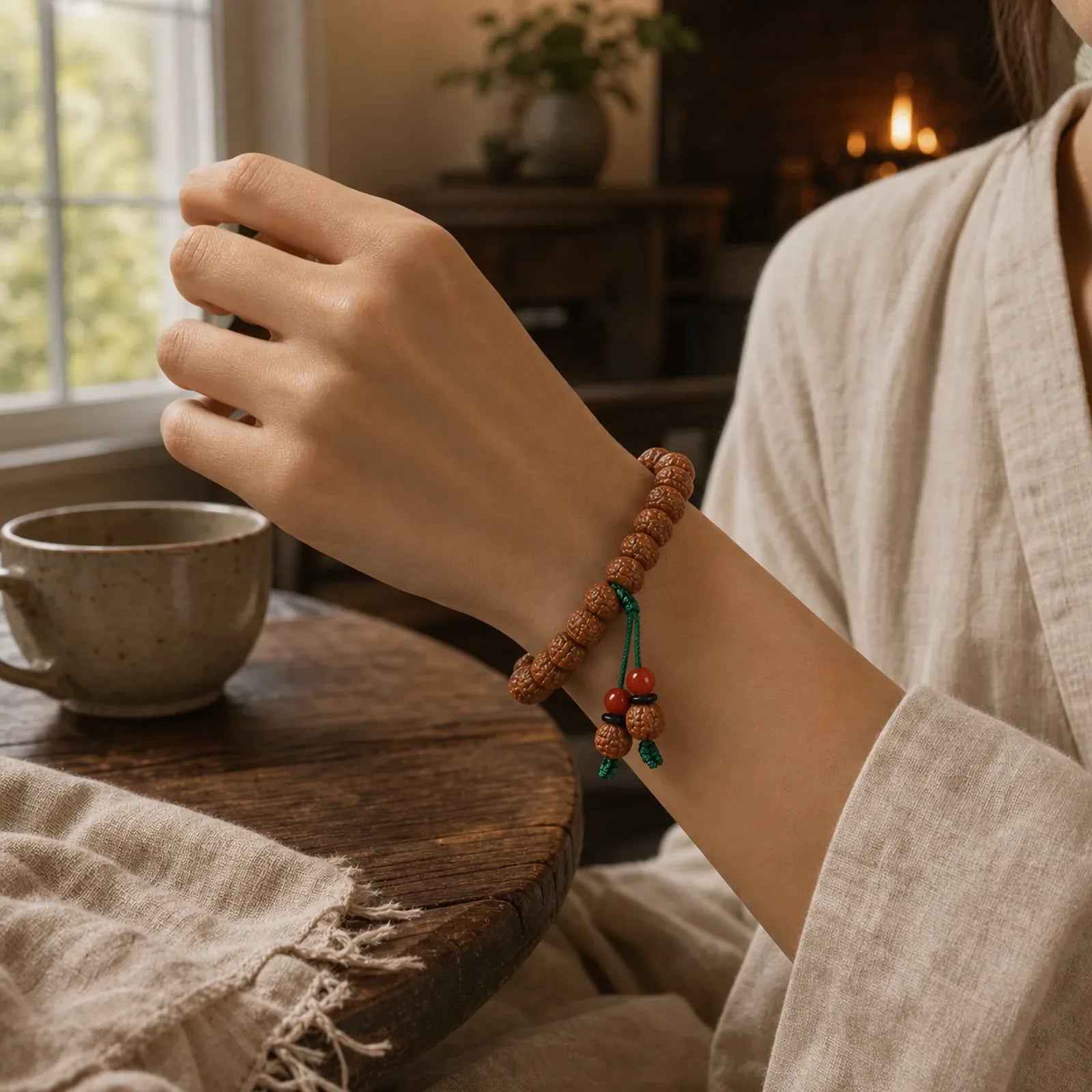 Tibetan Rudraksha Bodhi Seed Agate Wealth Bracelet featuring Bodhi Seed