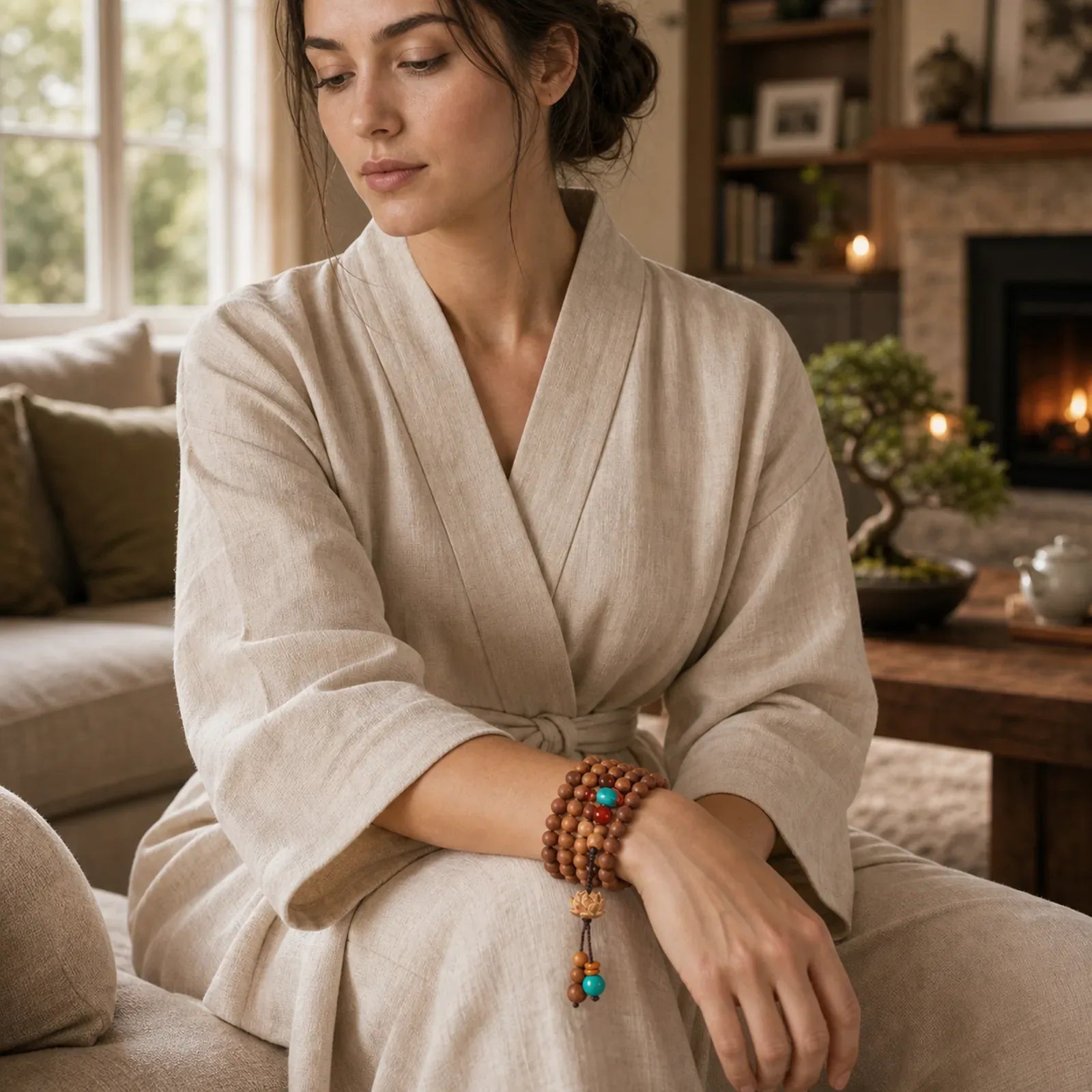 Tibetan Sandalwood Lotus Enlightenment Charm Mala Bracelet featuring Sandalwood, Lotus, Lotus Symbol