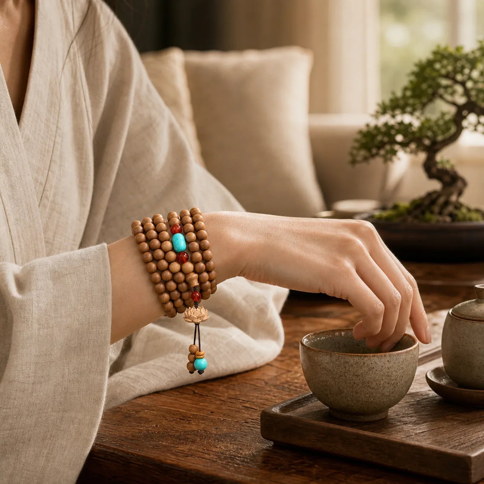 Tibetan Sandalwood Lotus Enlightenment Charm Mala Bracelet featuring Sandalwood, Lotus, Lotus Symbol