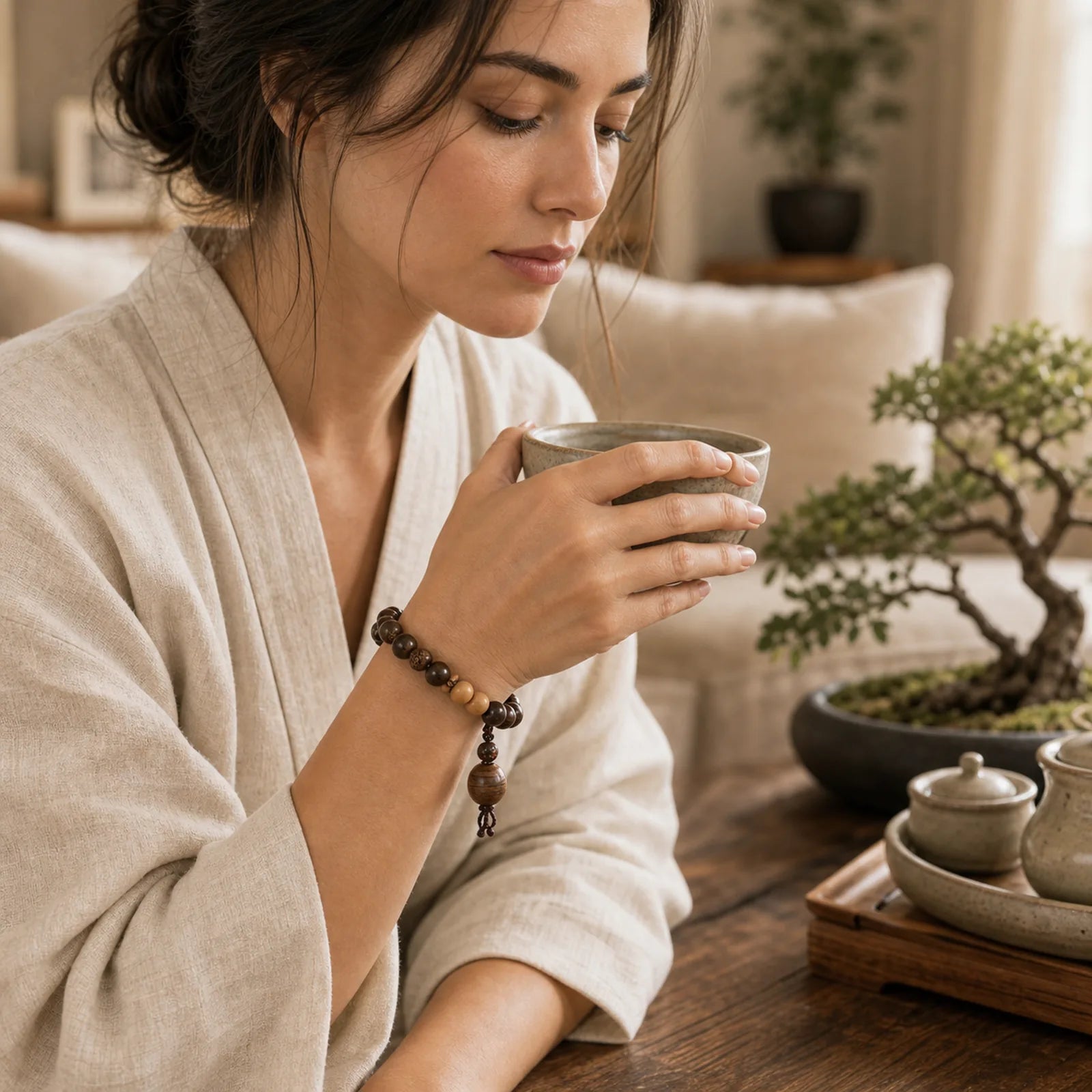 Tibetan Sandalwood Protection Charm Mala Bracelet featuring Sandalwood, Bodhi Seed