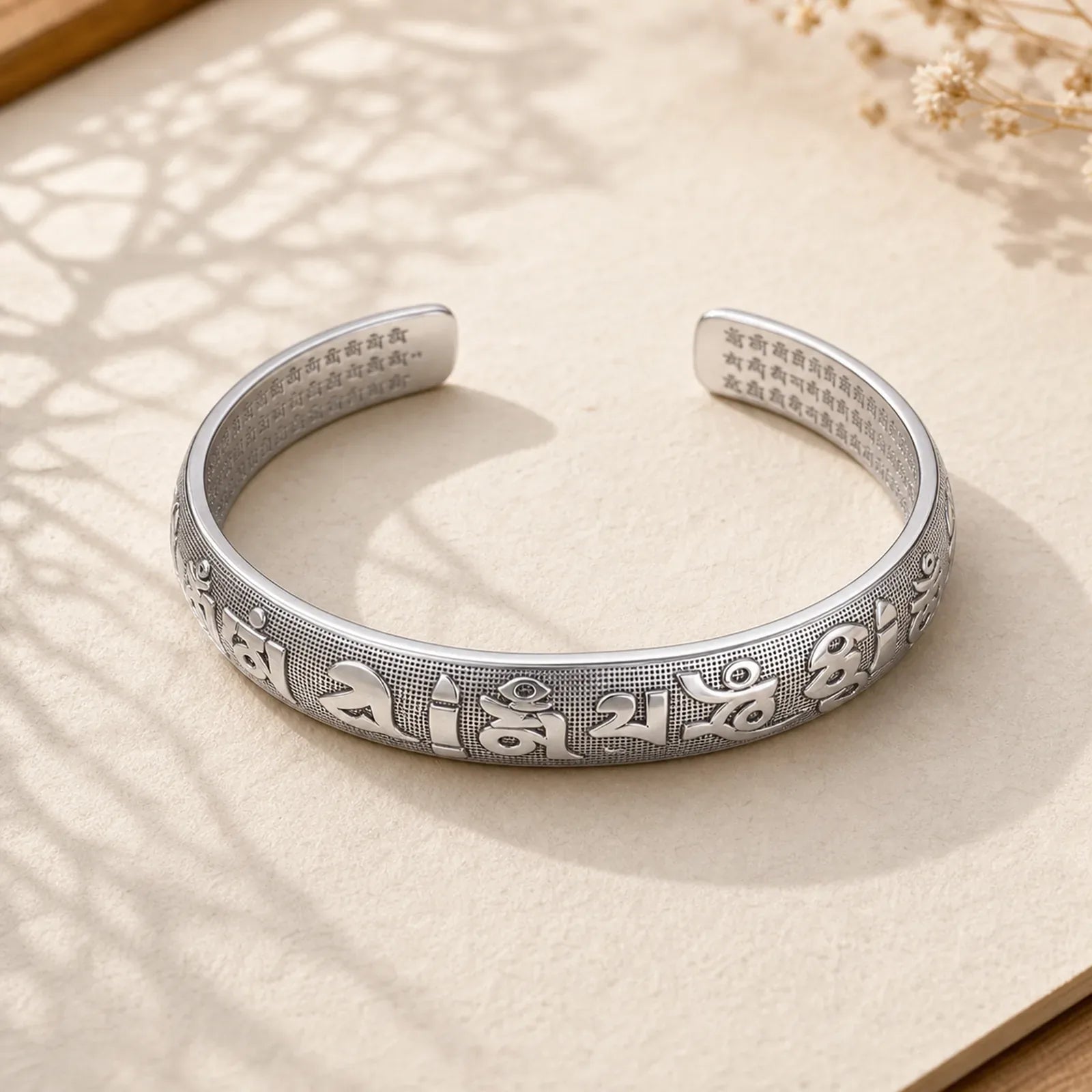 Tibetan Sanskrit White Copper Meditation Prayer Bracelet Bangle featuring Copper, Om, Six True Words (Om Mani Padme Hum)
