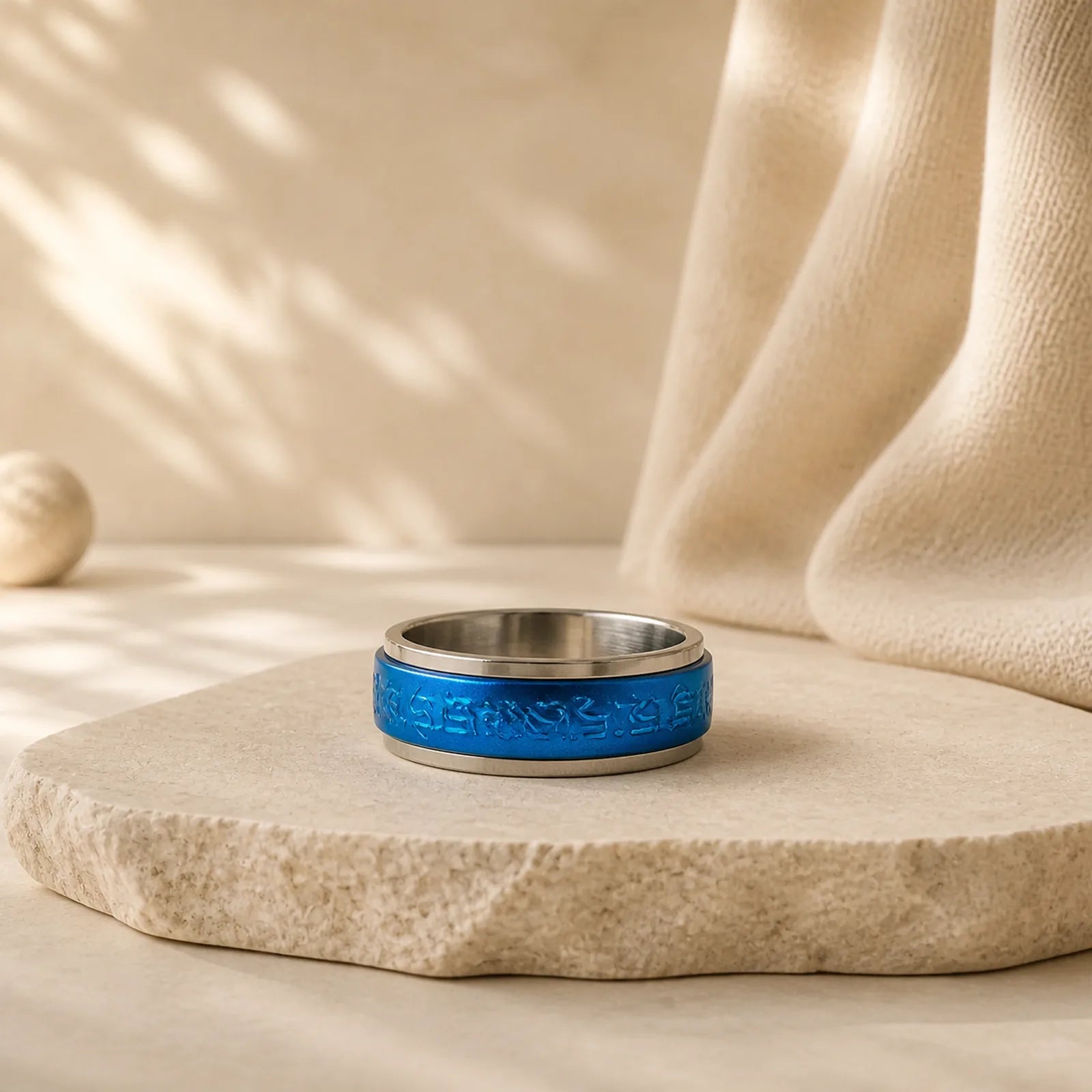 Tibetan Scriptures Blue Pharmacist Mantra Titanium Steel Spinner Balance Ring featuring Titanium Steel