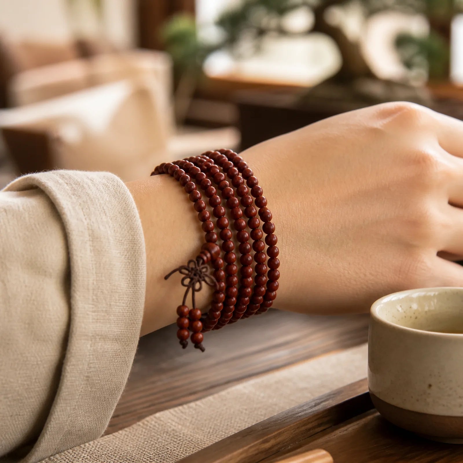 Tibetan Small Leaf Red Sandalwood 108 Beads Mala Meditation Bracelet featuring Small Leaf Red Sandalwood, Red Sandalwood, Sandalwood
