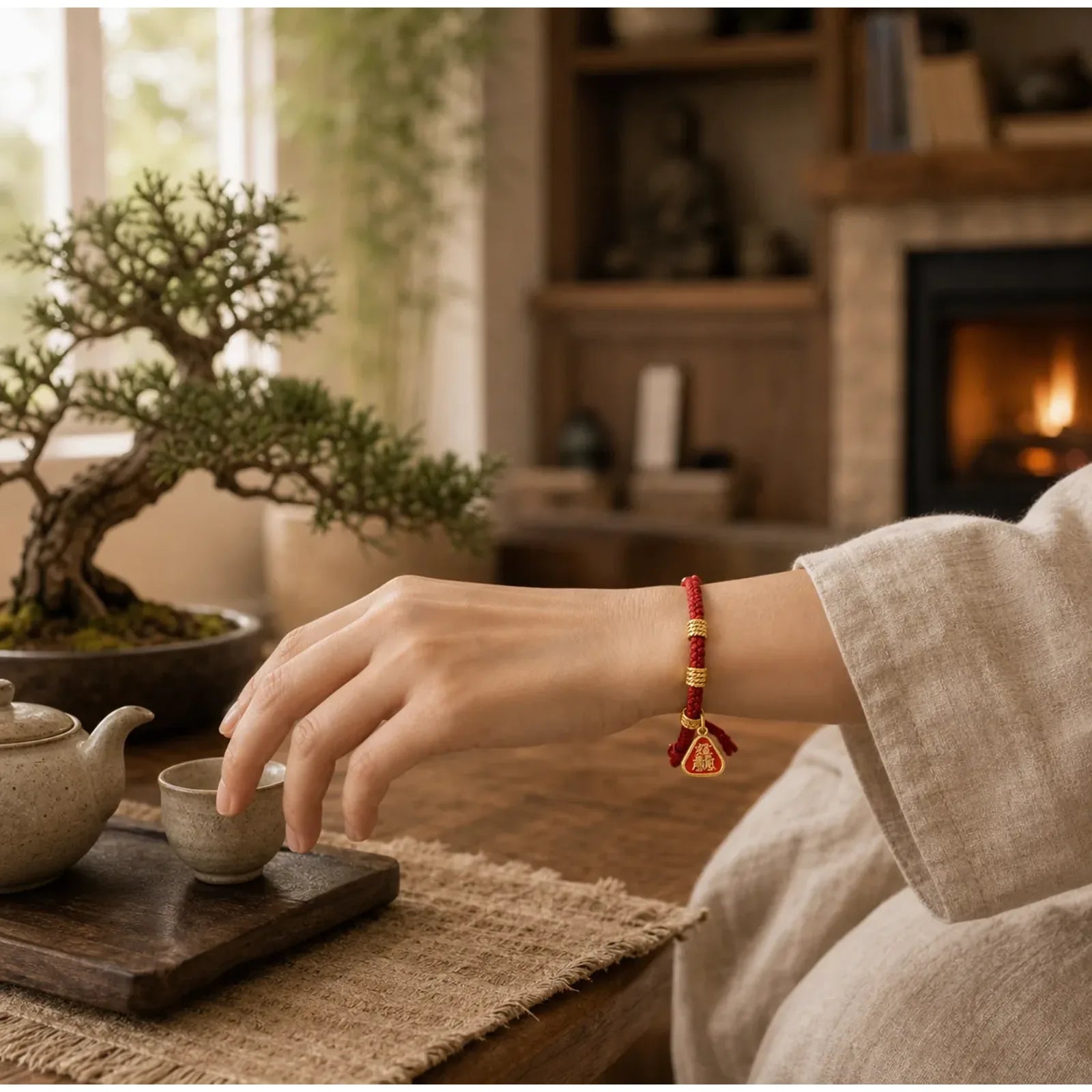 Tibetan String Zakiram Goddess Of Wealth Flower Tassel Protection Bracelet featuring Red String, Copper