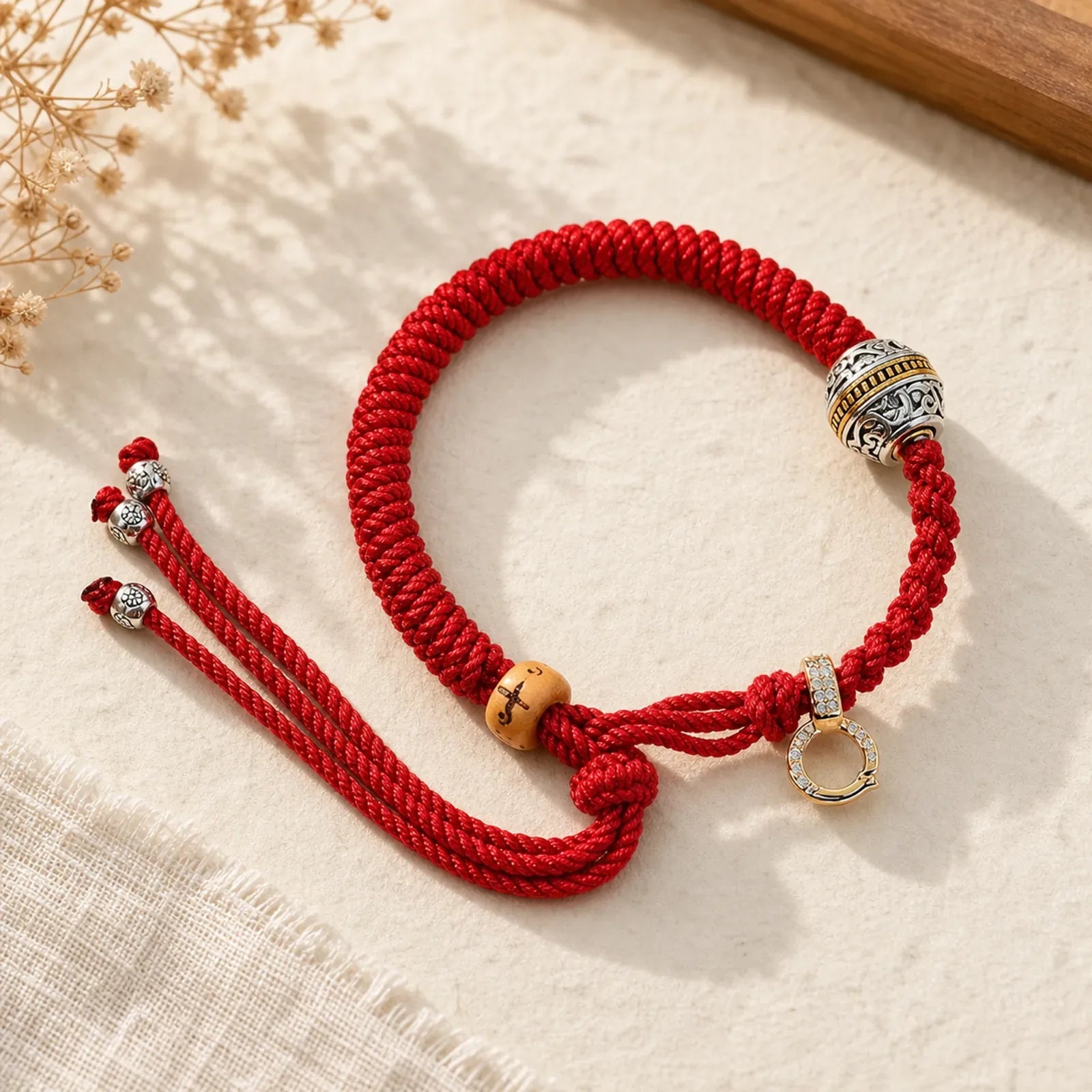 Tibetan Thangka Green Silver Tara Zakiram Goddess Of Wealth Red Braid String Luck Bracelet featuring Silver, Lotus