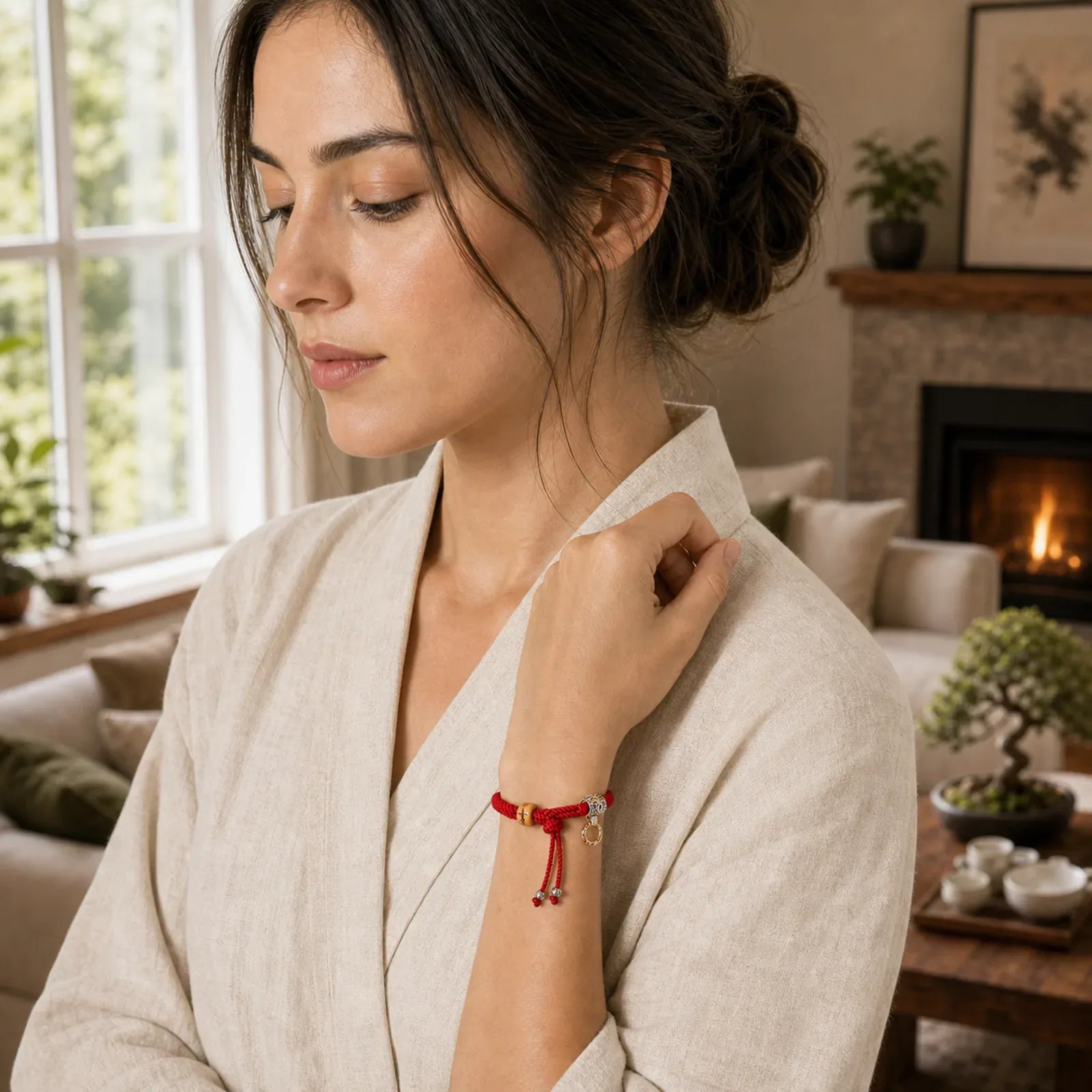 Tibetan Thangka Green Silver Tara Zakiram Goddess Of Wealth Red Braid String Luck Bracelet featuring Silver, Lotus