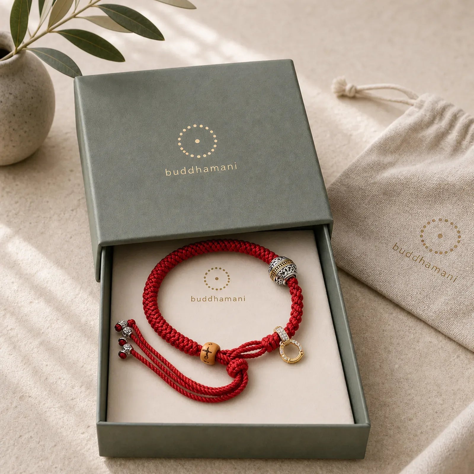 Tibetan Thangka Green Silver Tara Zakiram Goddess Of Wealth Red Braid String Luck Bracelet featuring Silver, Lotus