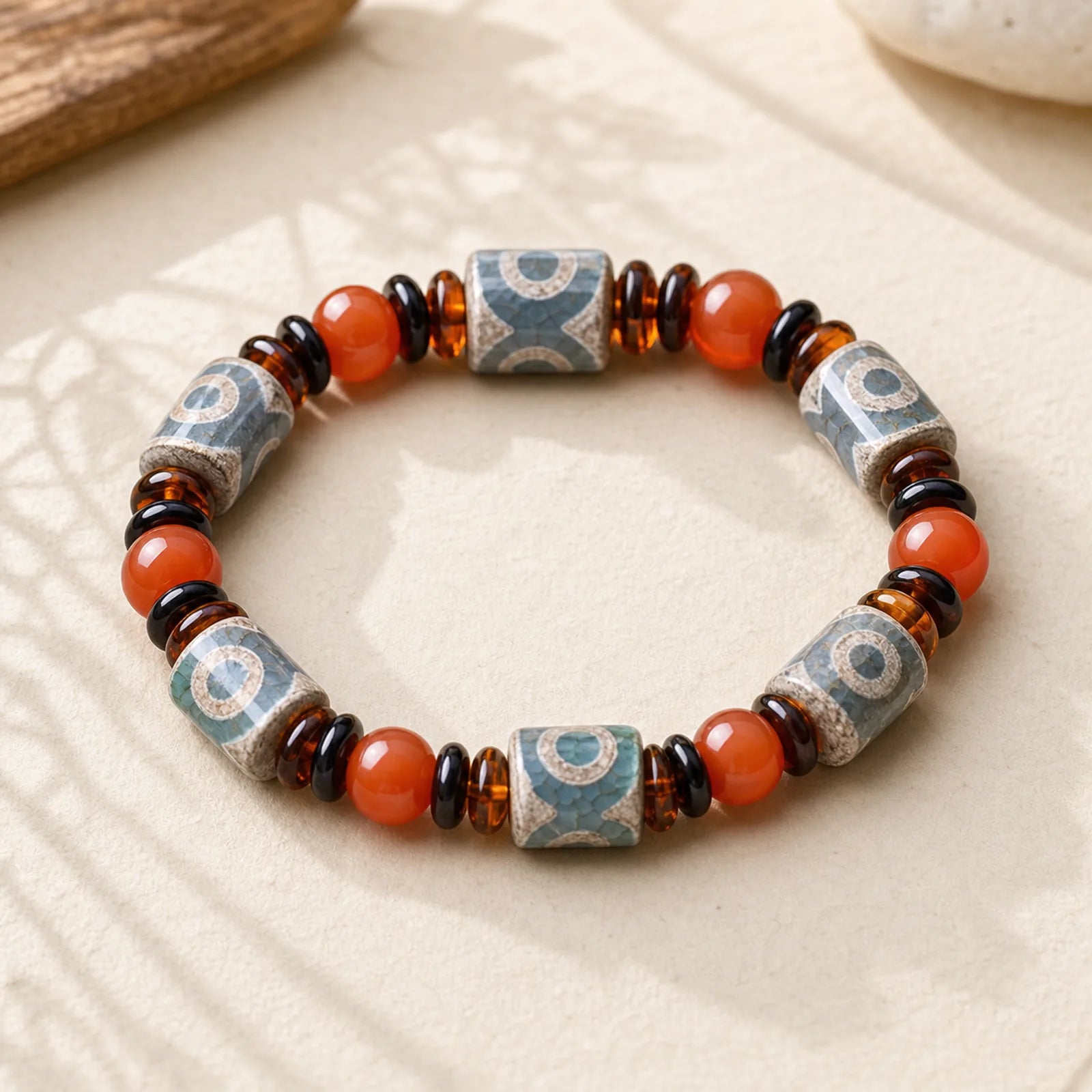 Tibetan Three-eyed Dzi Bead Agate Protection Happiness Bracelet featuring Three-eyed Dzi Bead, Dzi Bead, Three-eyed Beads