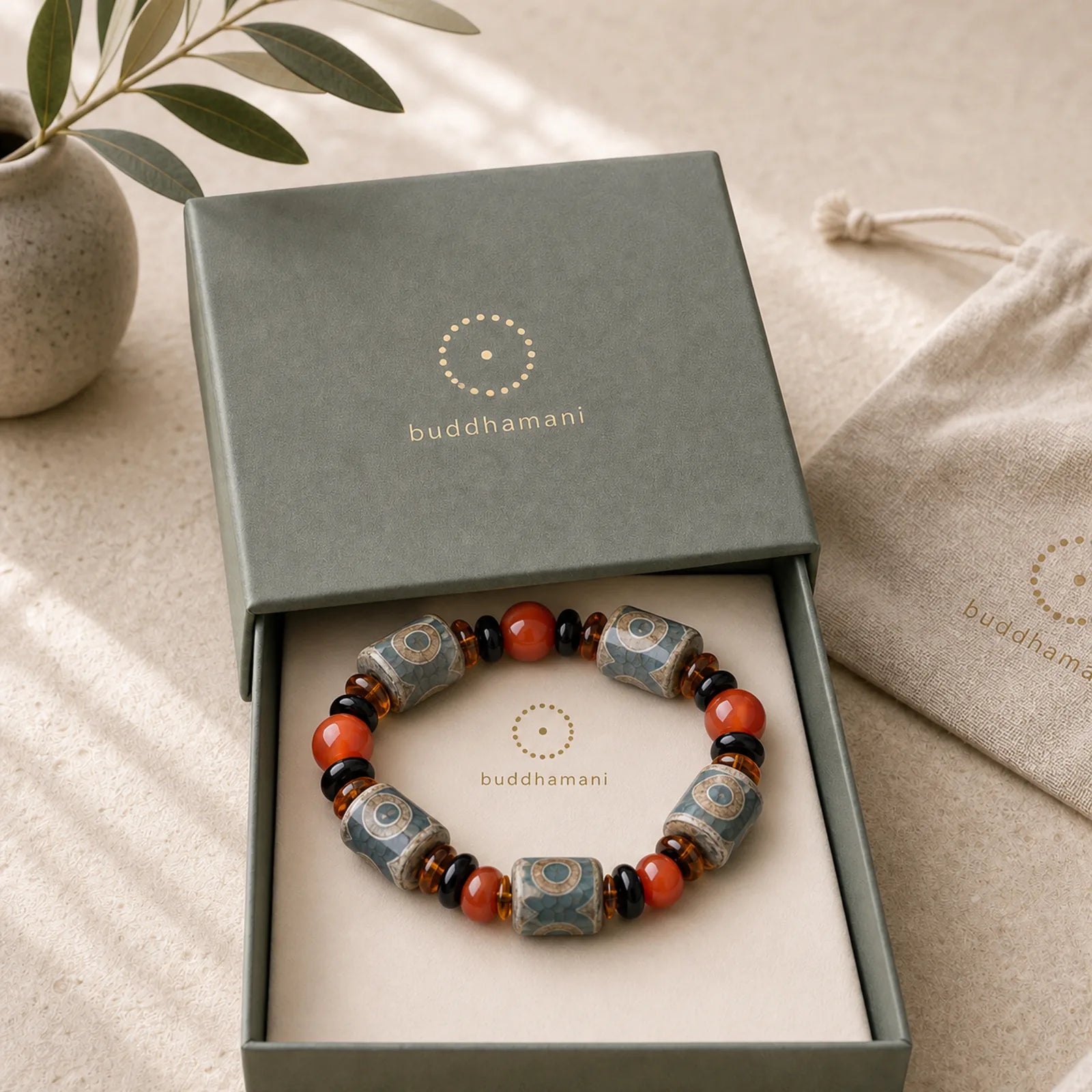 Tibetan Three-eyed Dzi Bead Agate Protection Happiness Bracelet featuring Three-eyed Dzi Bead, Dzi Bead, Three-eyed Beads