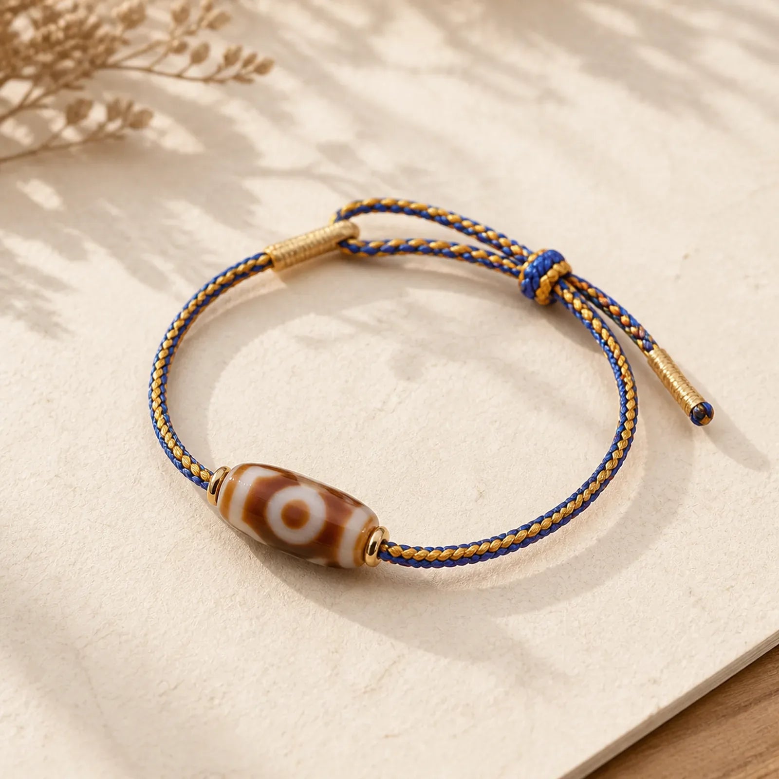 Tibetan Three-eyed Dzi Bead Luck Happiness Bracelet featuring Three-eyed Dzi Bead, Dzi Bead, Copper