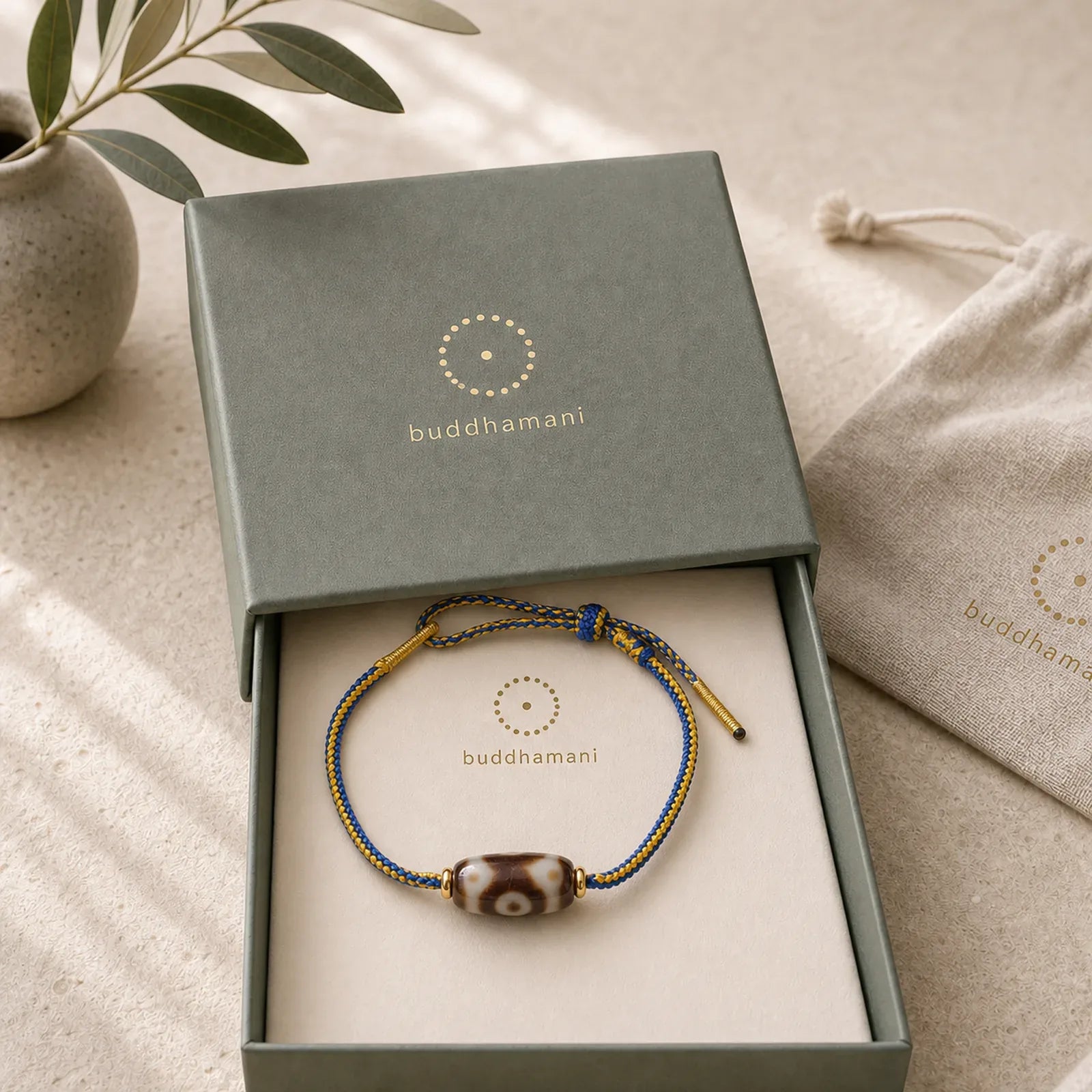 Tibetan Three-eyed Dzi Bead Luck Happiness Bracelet featuring Three-eyed Dzi Bead, Dzi Bead, Copper