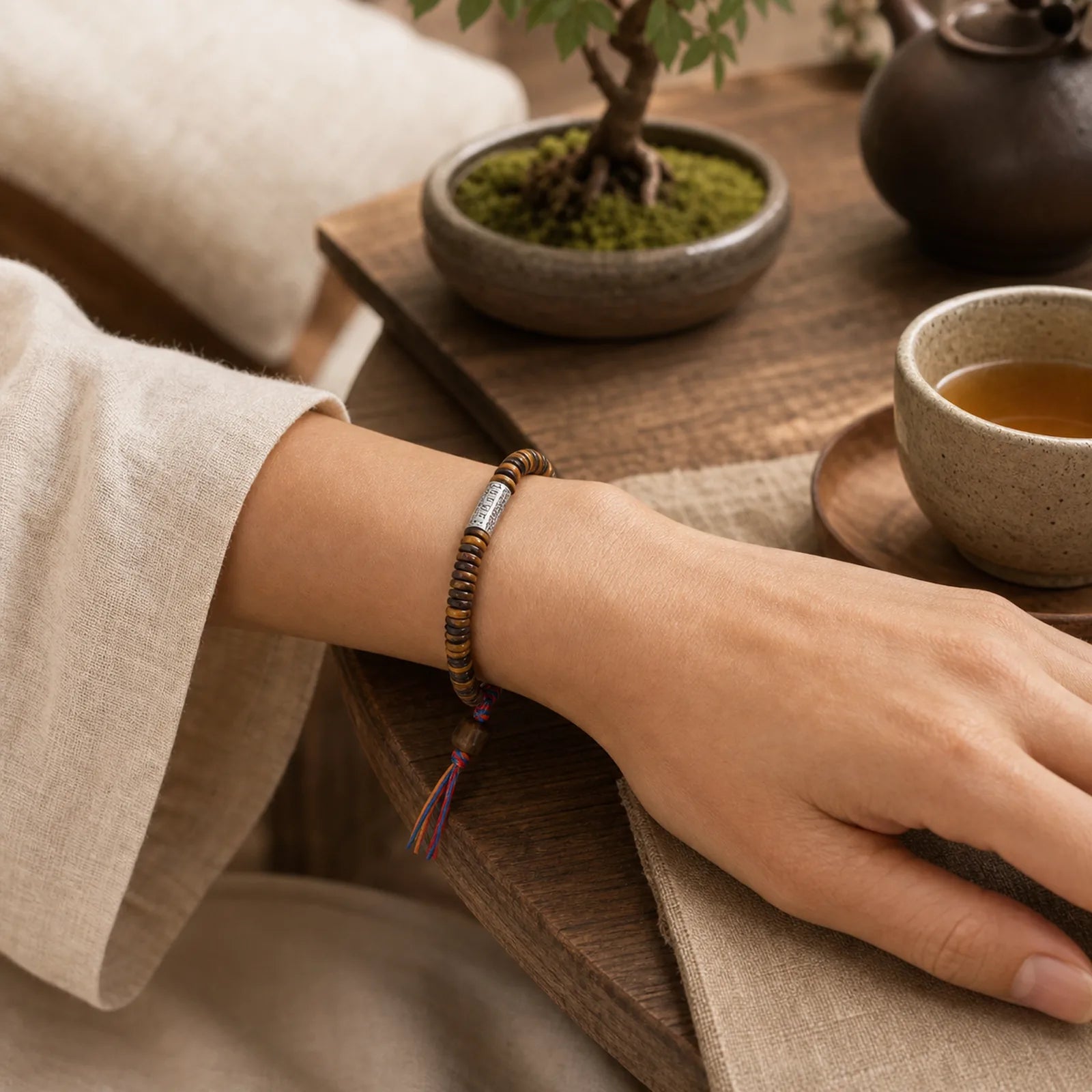Tibetan Tiger Eye Om Mani Padme Hum Protection Power Bracelet featuring Tiger Eye, Om Mani Padme Hum, Om