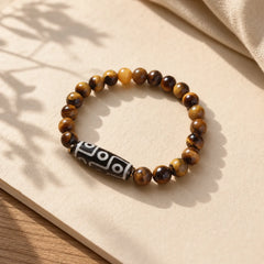Tibetan Tiger Eye Tourmaline Nine-Eye Dzi Bead Protection Bracelet featuring Tiger Eye, Tourmaline, Nine-Eye Dzi Bead