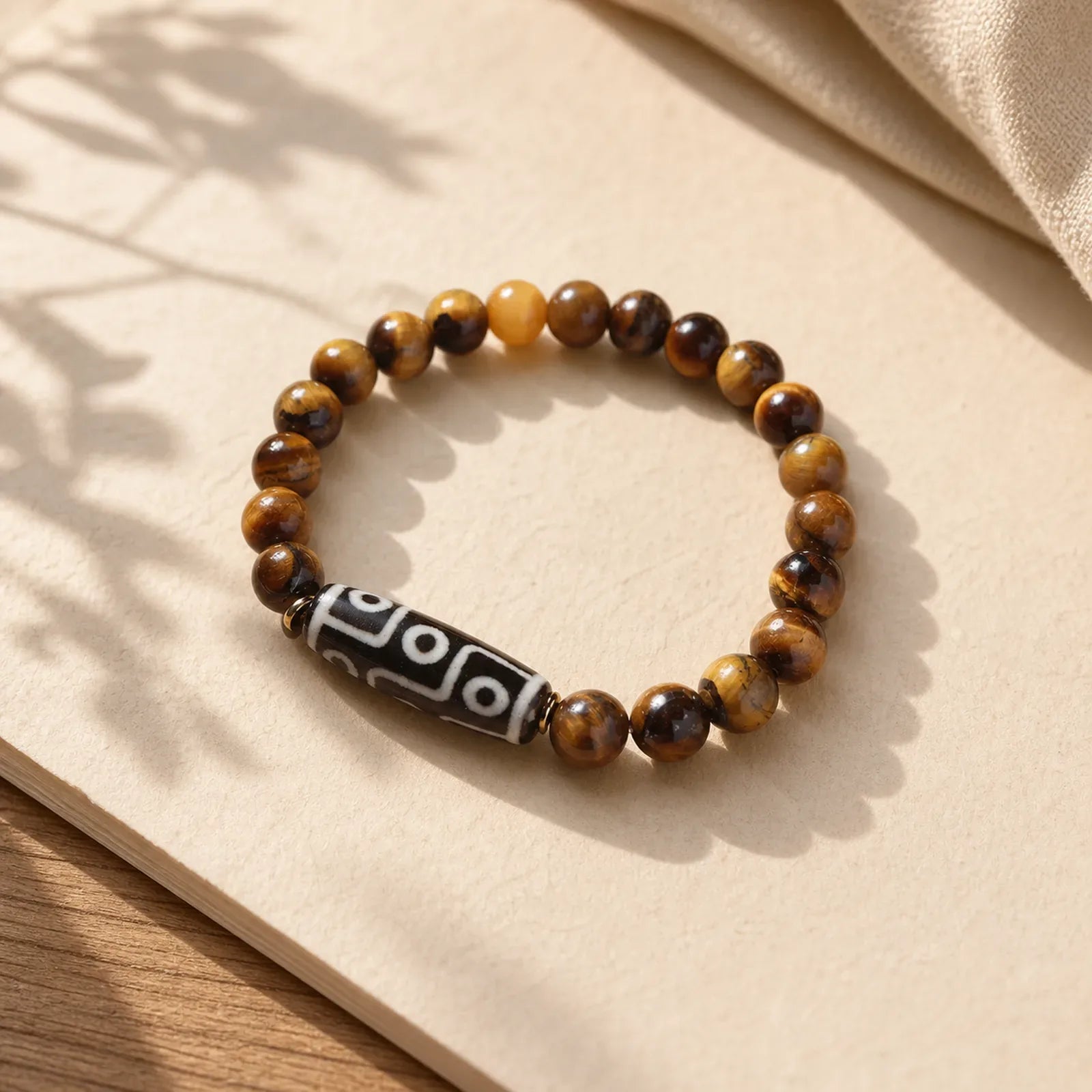Tibetan Tiger Eye Tourmaline Nine-Eye Dzi Bead Protection Bracelet featuring Tiger Eye, Tourmaline, Nine-Eye Dzi Bead