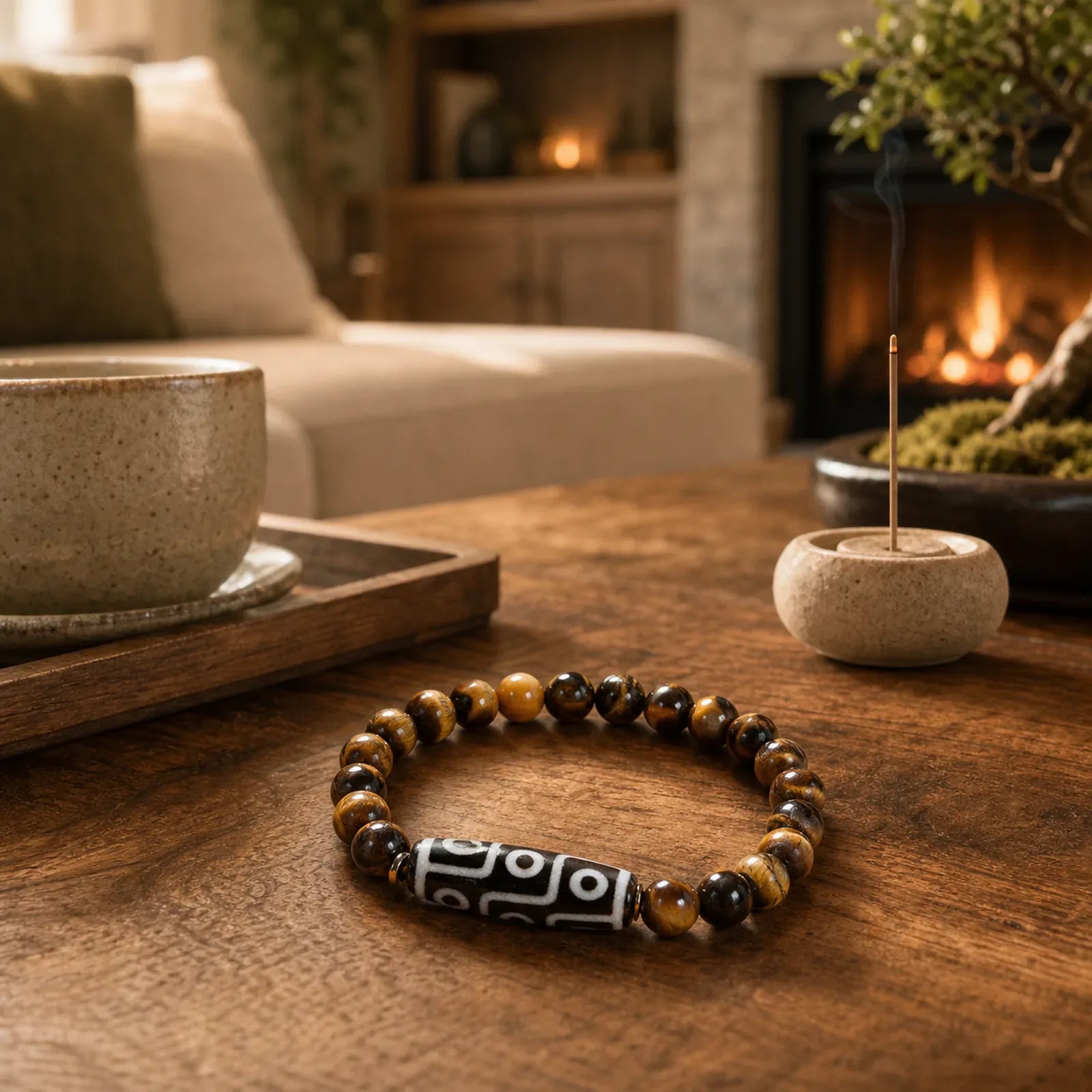 Tibetan Tiger Eye Tourmaline Nine-Eye Dzi Bead Protection Bracelet featuring Tiger Eye, Tourmaline, Nine-Eye Dzi Bead