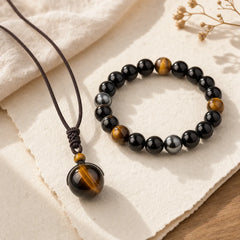 Tibetan Tiger's Eye Bracelet Necklace Set featuring Tiger Eye, Obsidian, Frosted Stone