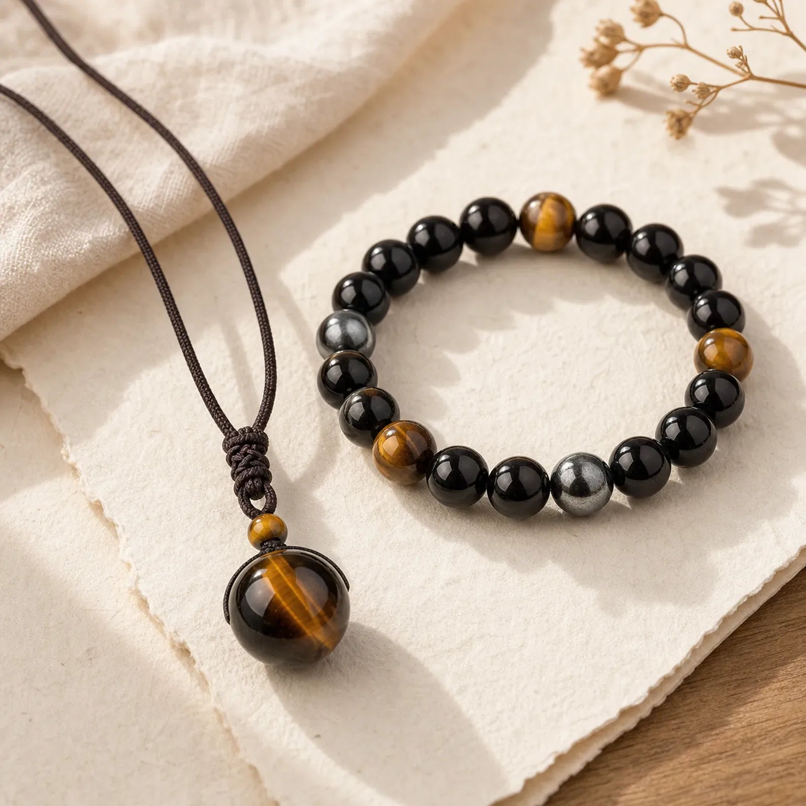 Tibetan Tiger's Eye Bracelet Necklace Set featuring Tiger Eye, Obsidian, Frosted Stone