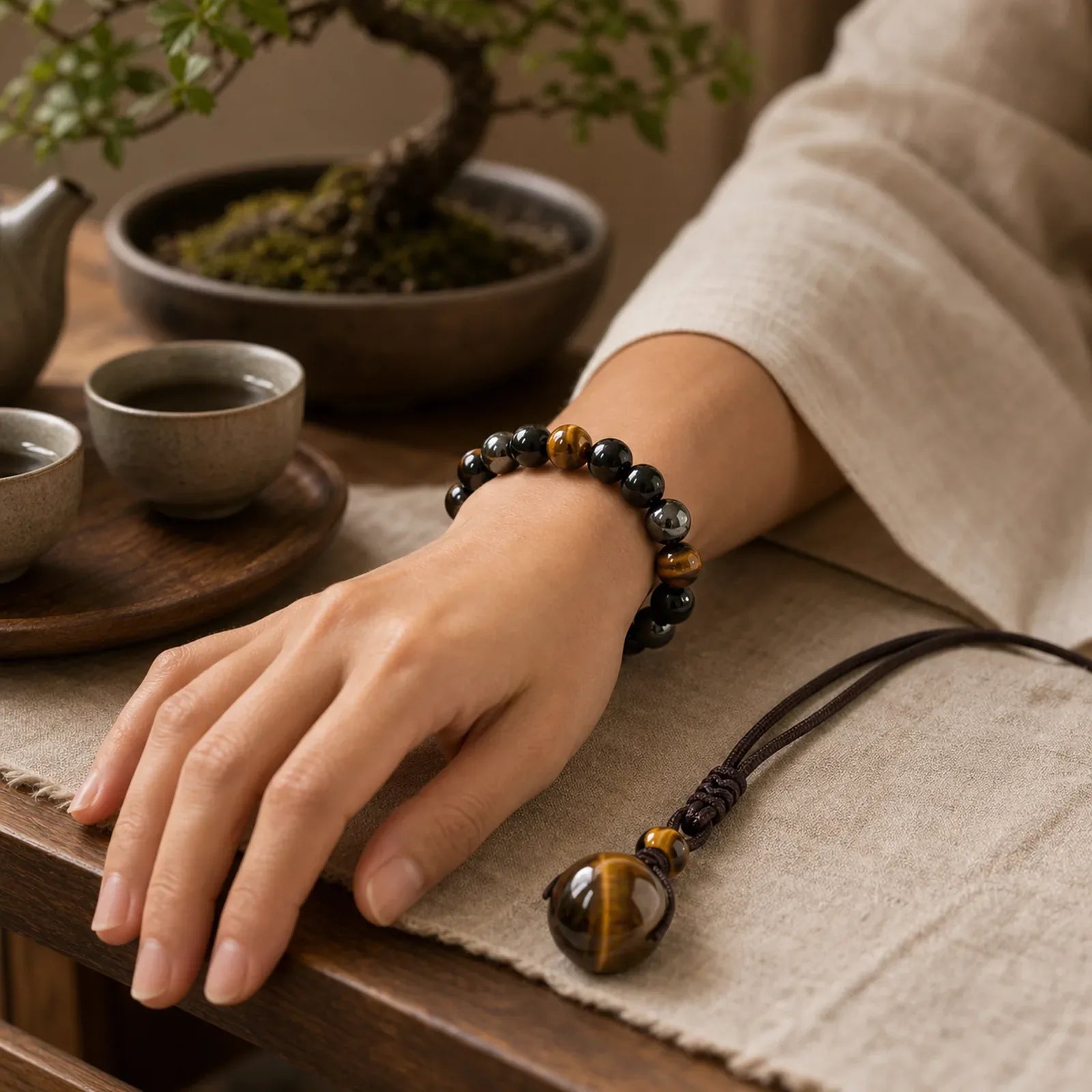 Tibetan Tiger's Eye Bracelet Necklace Set featuring Tiger Eye, Obsidian, Frosted Stone