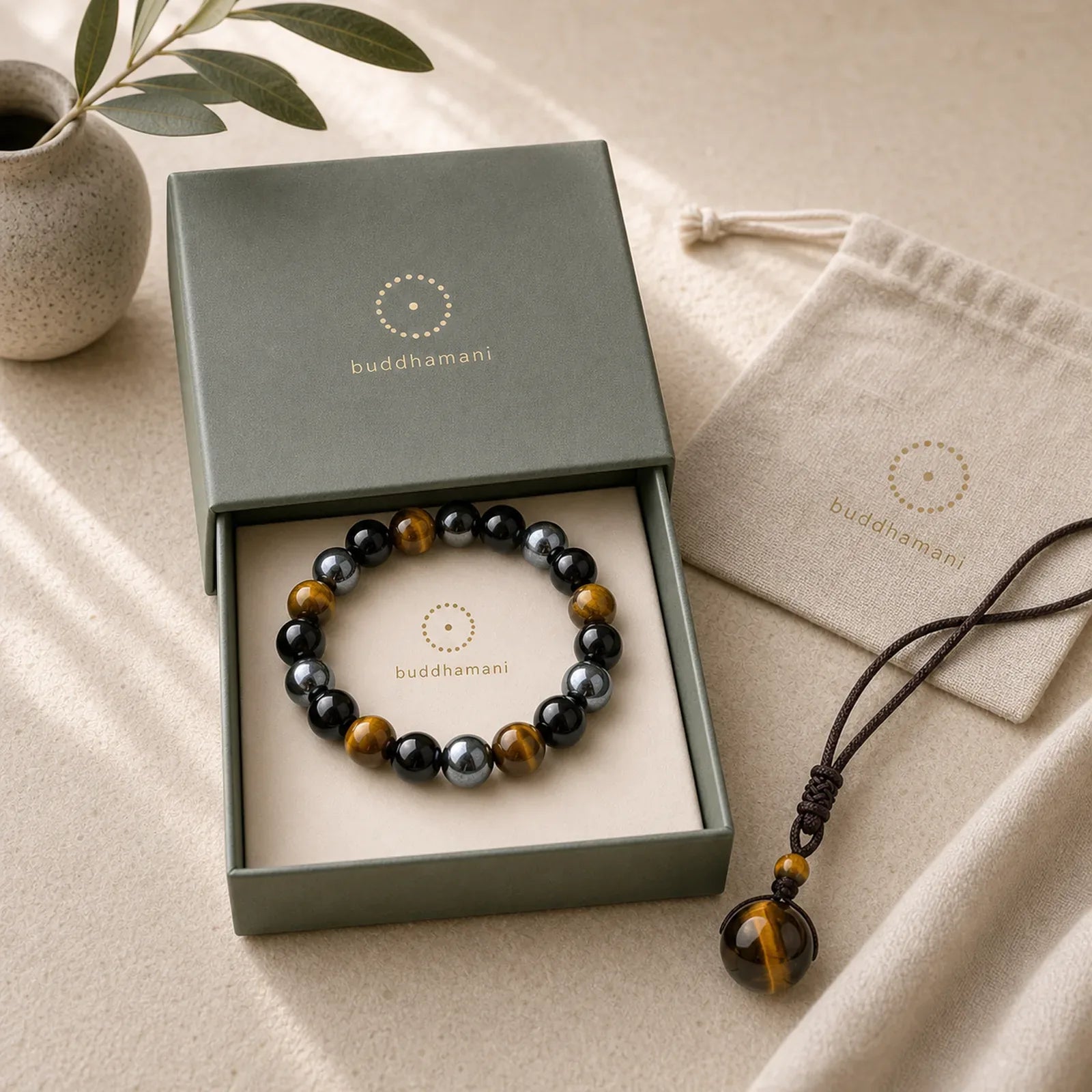 Tibetan Tiger's Eye Bracelet Necklace Set featuring Tiger Eye, Obsidian, Frosted Stone