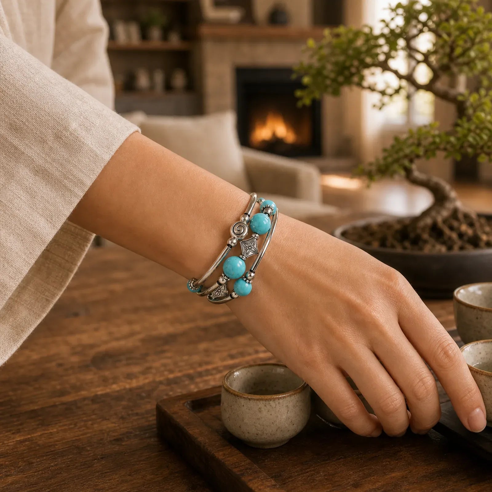 Tibetan Turquoise Balance Bracelet featuring Turquoise, Silver, Lapis Lazuli (Lazurite)