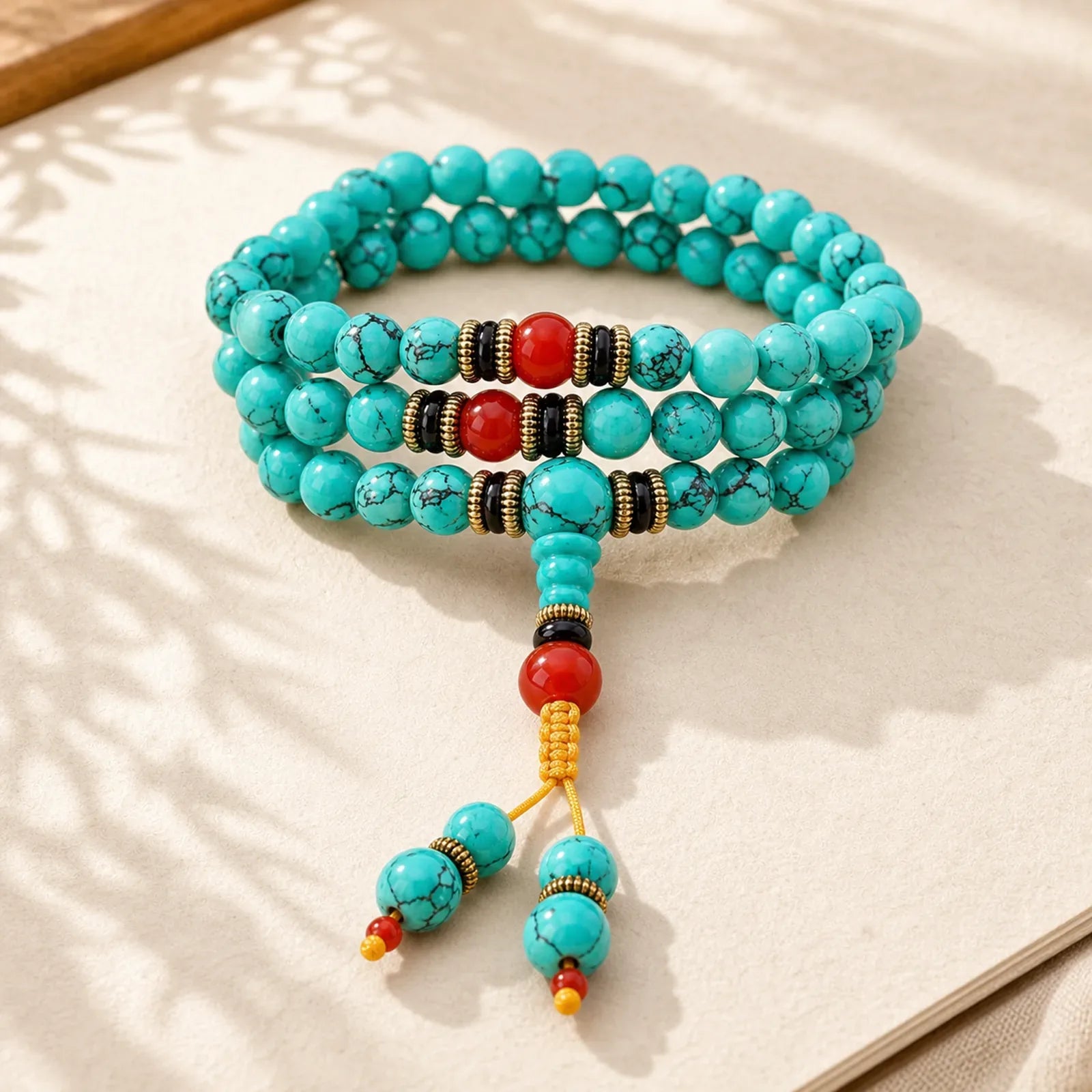 Tibetan Turquoise Healing Mala Bracelet featuring Turquoise, Black Onyx, Red Agate