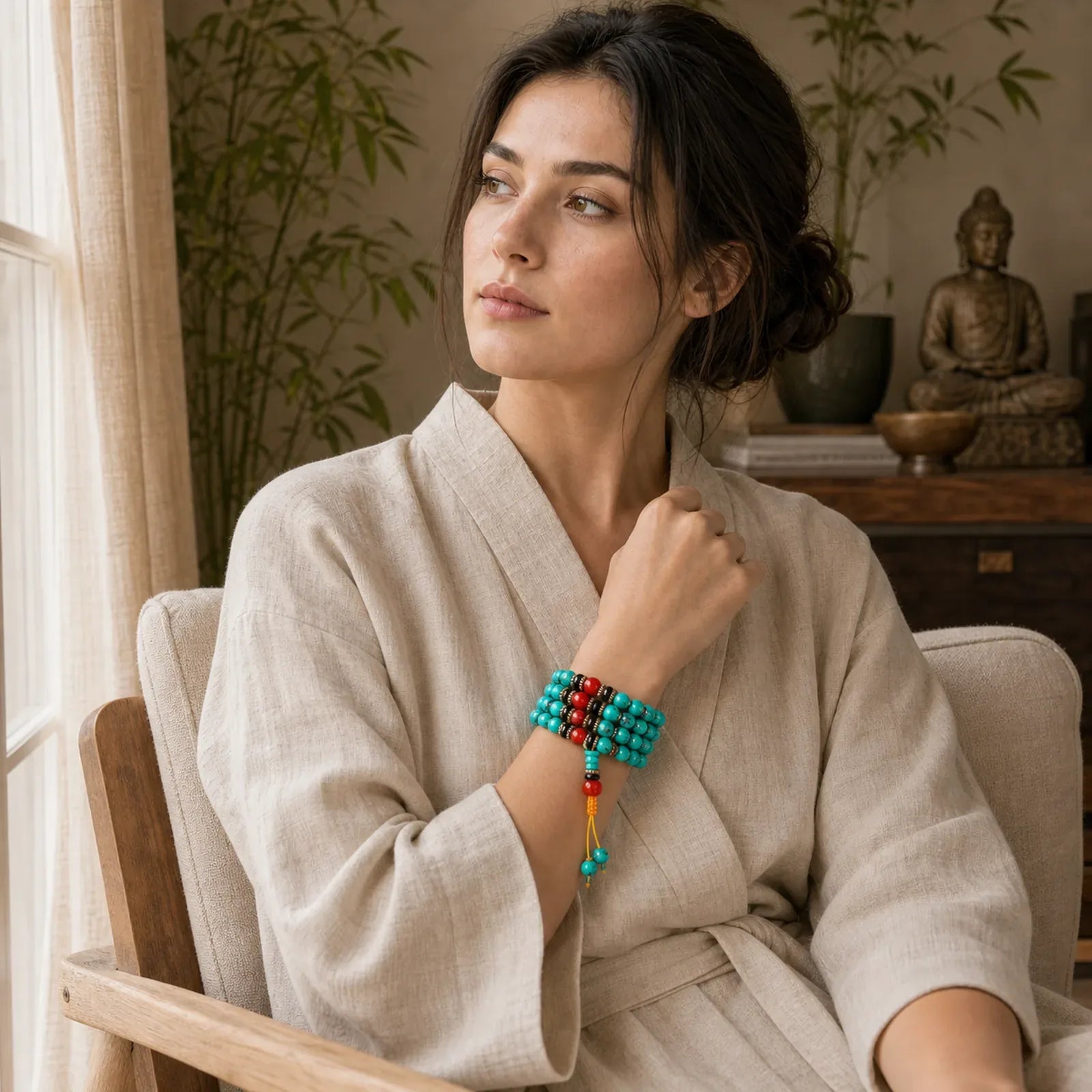 Tibetan Turquoise Healing Mala Bracelet featuring Turquoise, Black Onyx, Red Agate