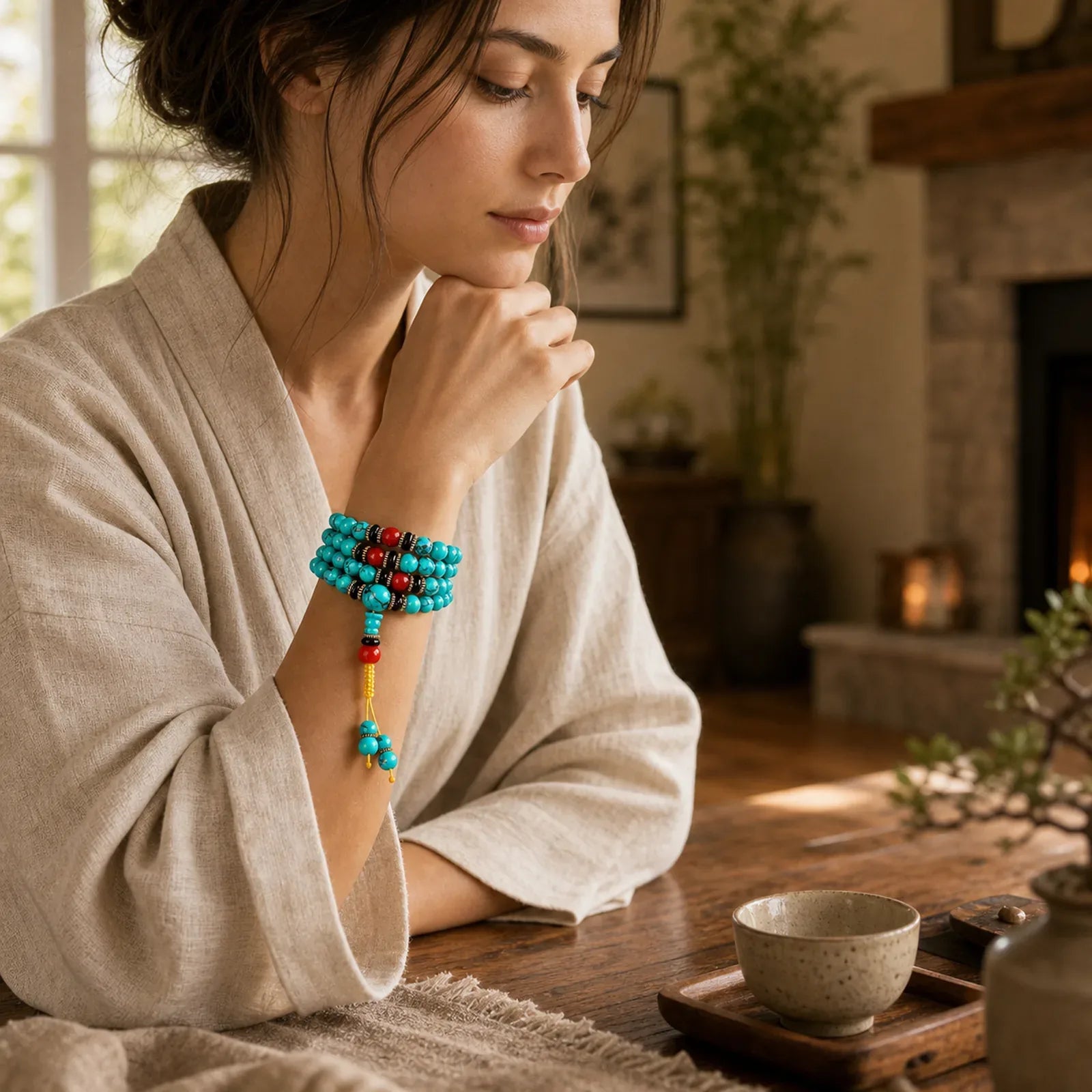 Tibetan Turquoise Healing Mala Bracelet featuring Turquoise, Black Onyx, Red Agate