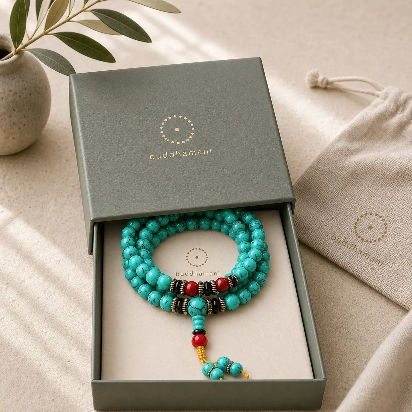 Tibetan Turquoise Healing Mala Bracelet featuring Turquoise, Black Onyx, Red Agate