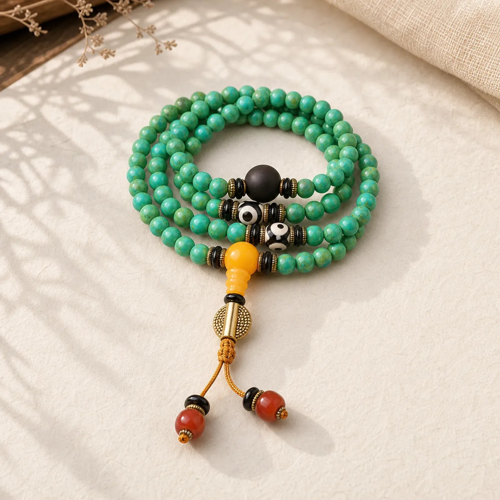 Tibetan Turquoise Mala Balance Necklace Bracelet featuring Turquoise, Three-eyed Beads, Dzi Bead