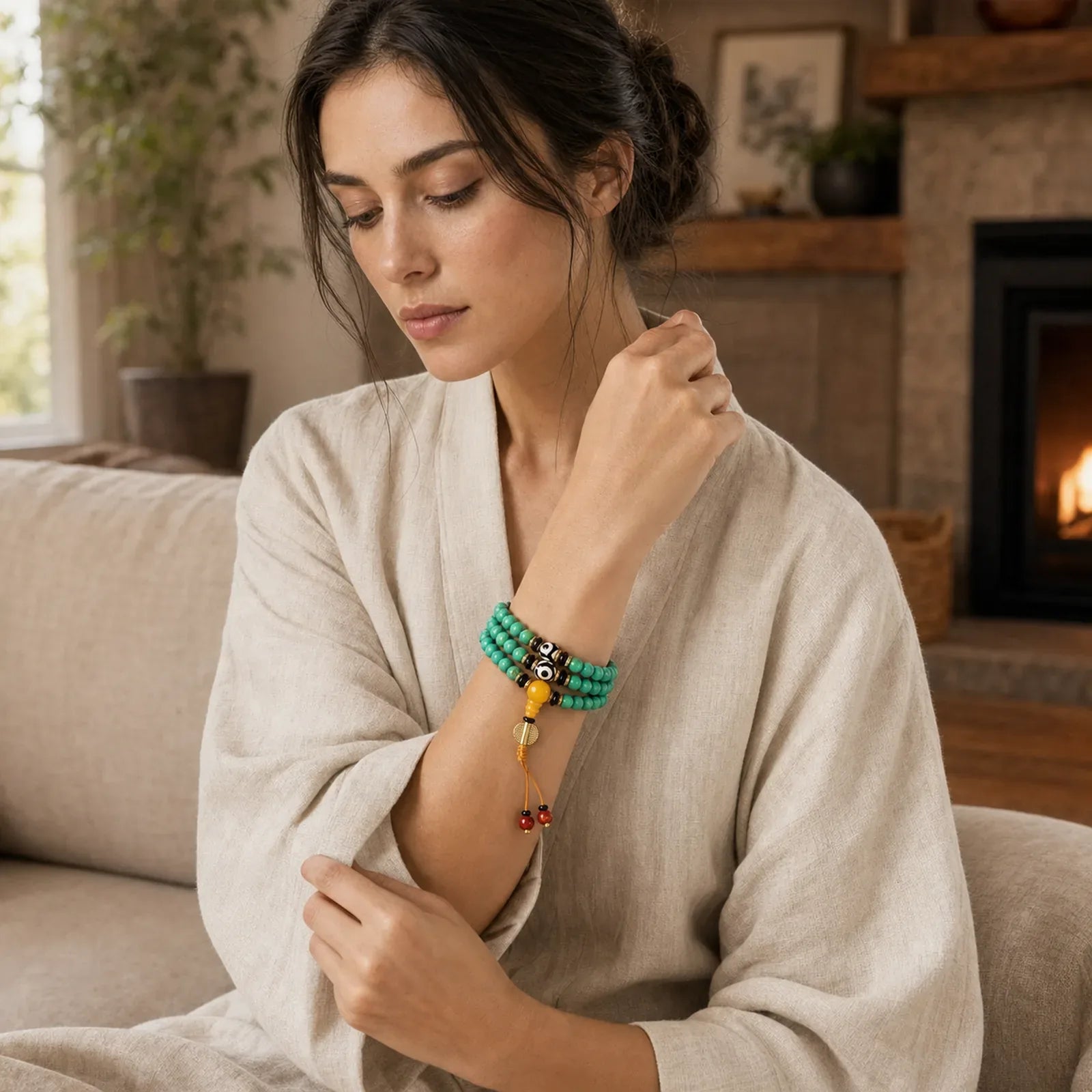Tibetan Turquoise Mala Balance Necklace Bracelet featuring Turquoise, Three-eyed Beads, Dzi Bead