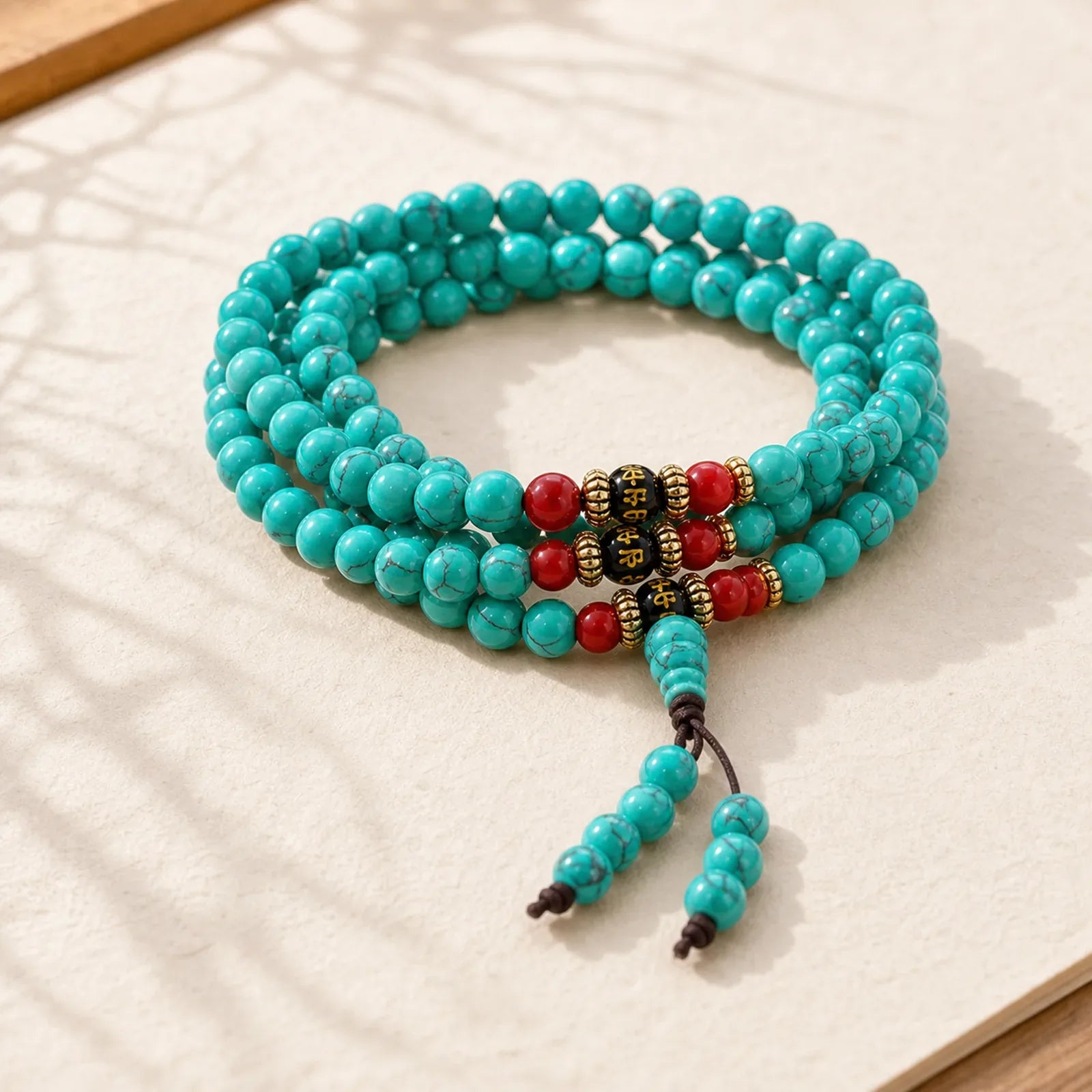 Tibetan Turquoise Purification Necklace Mala featuring Turquoise, Black Onyx, Red Agate