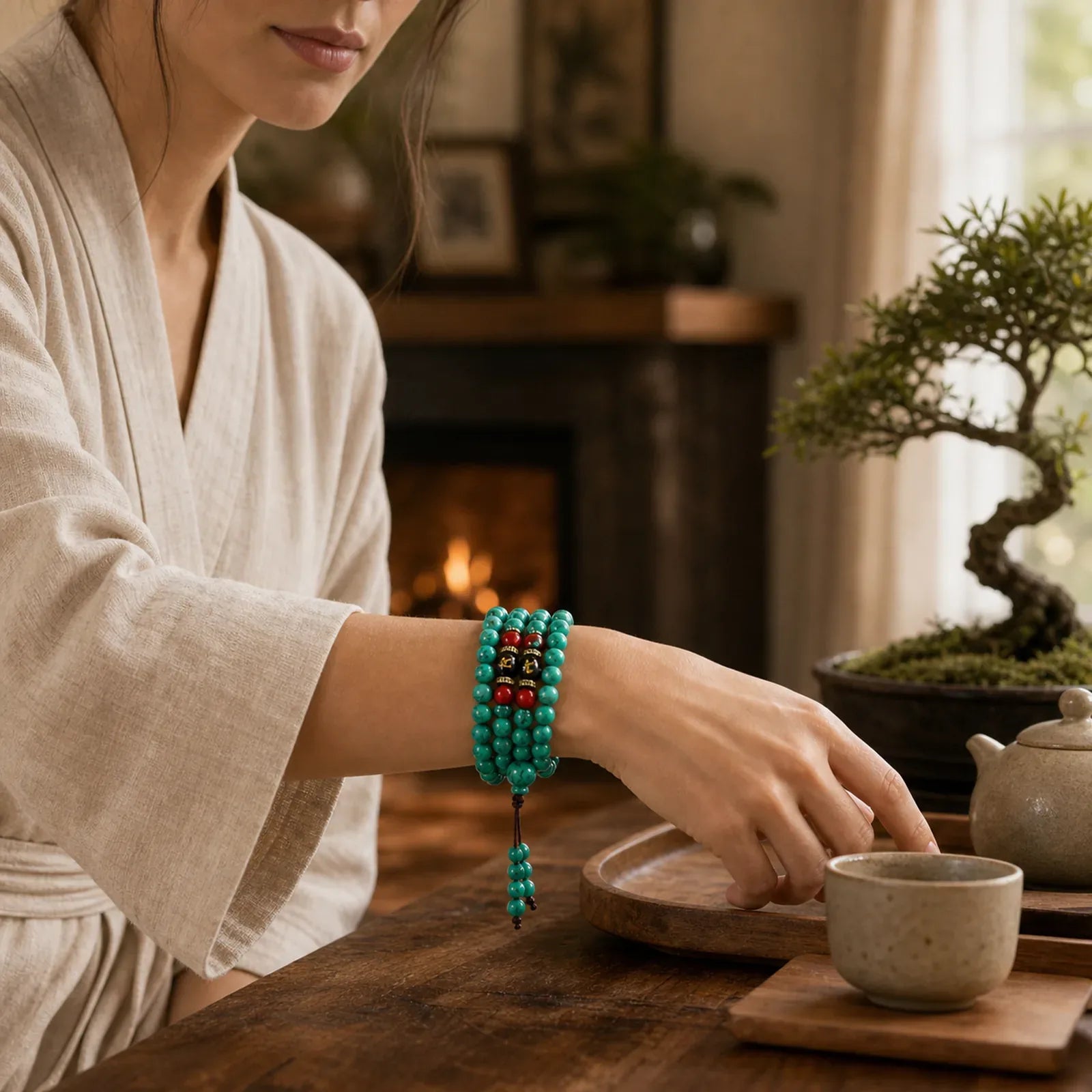 Tibetan Turquoise Purification Necklace Mala featuring Turquoise, Black Onyx, Red Agate