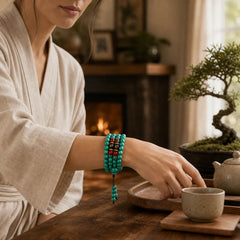 Tibetan Turquoise Purification Necklace Mala featuring Turquoise, Black Onyx, Red Agate