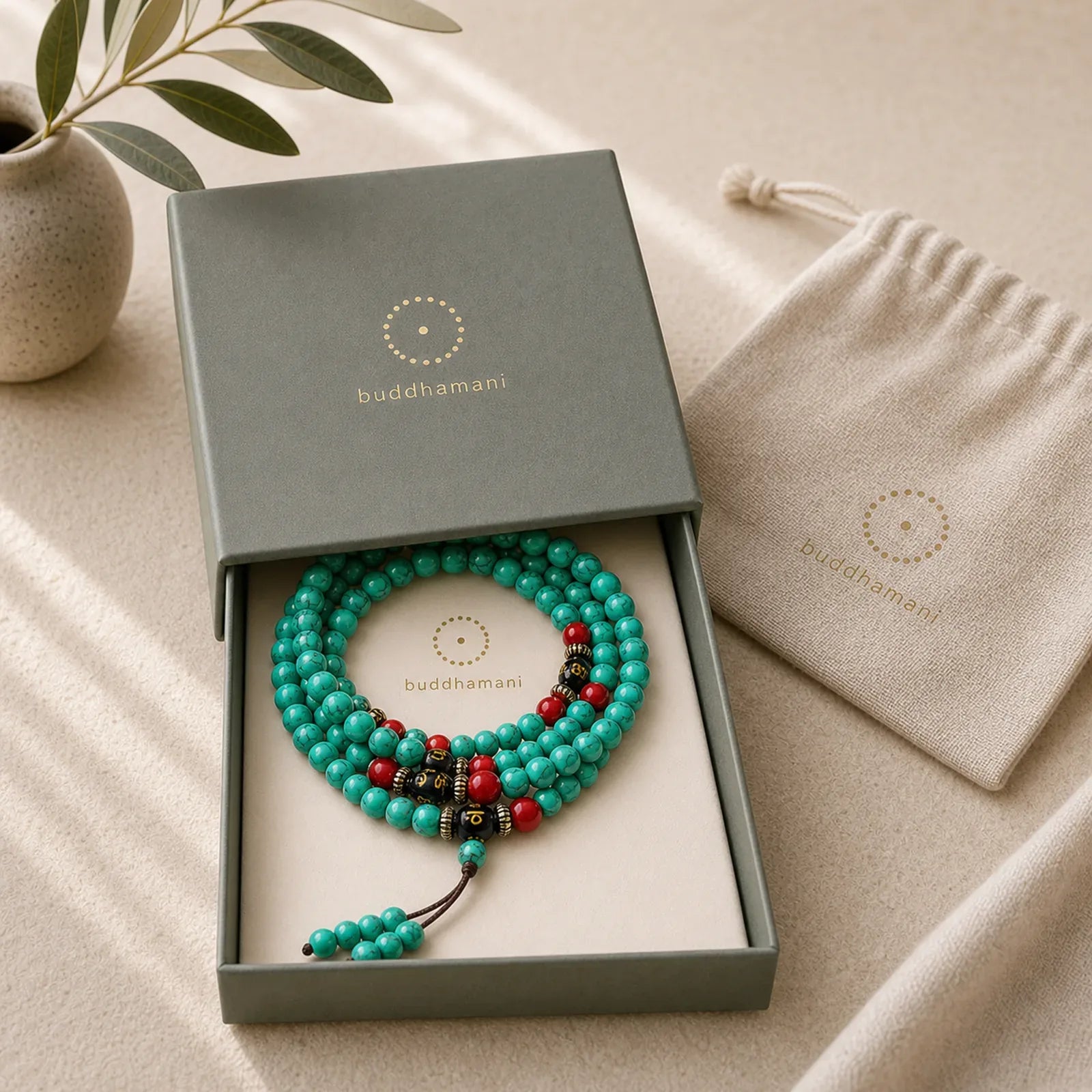 Tibetan Turquoise Purification Necklace Mala featuring Turquoise, Black Onyx, Red Agate