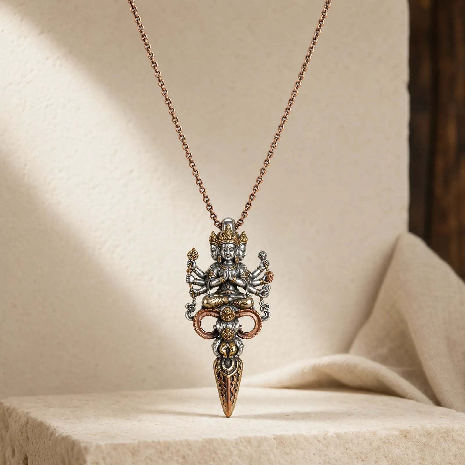 Tibetan Vajra Three Heads Six Arms Design Copper Healing Spiritual Power Necklace Pendant featuring Vajra, Copper