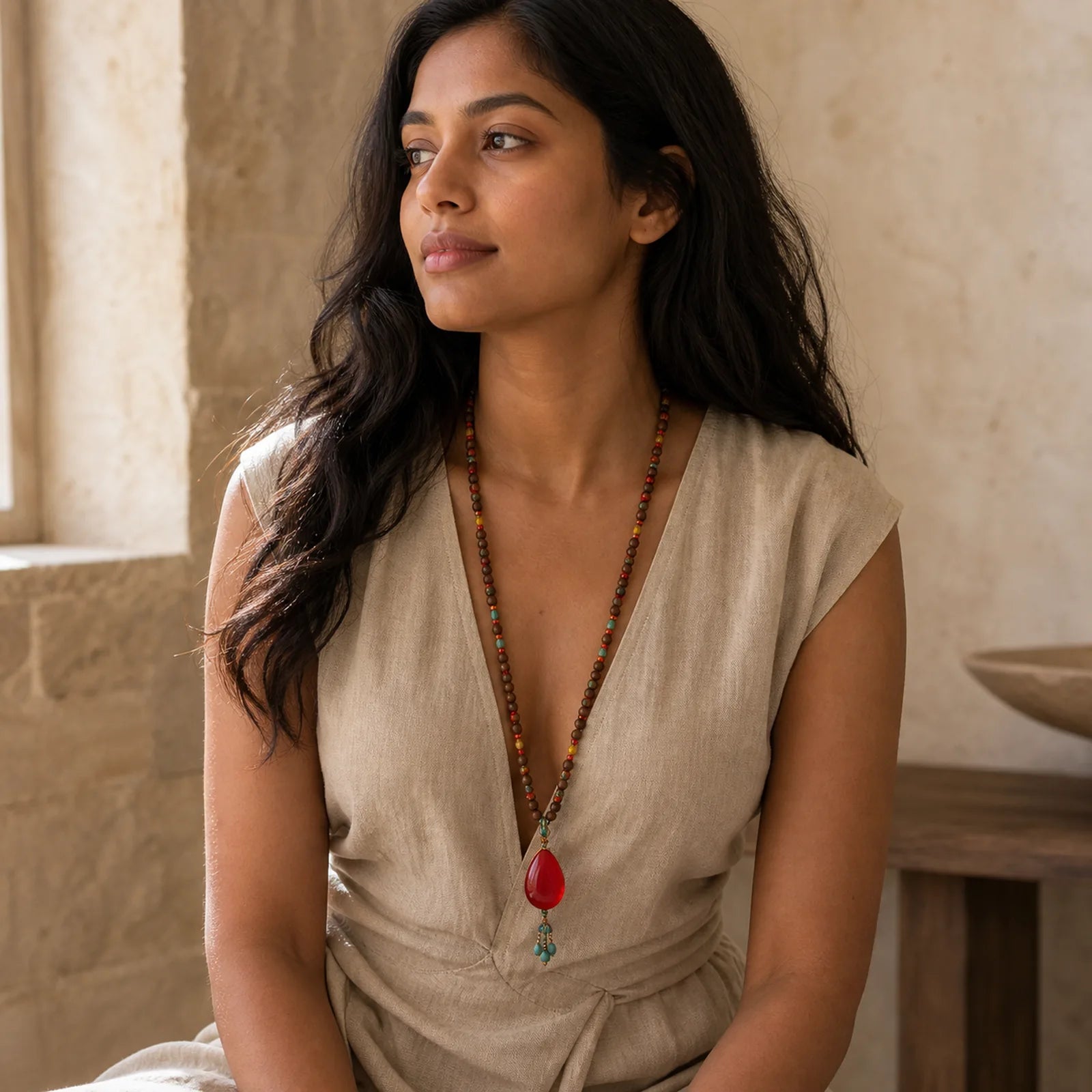 Tibetan Wenge Wood Bodhi Seed Agate Balance Peace Necklace Pendant (Extra 40% Off | USE CODE: FS40) featuring Wenge Wood, Bodhi Seed, Turquoise