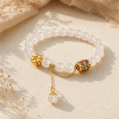Tibetan White Agate Crystal Stone Flowers Positivity Bracelet featuring White Agate, White Stone, Red Agate