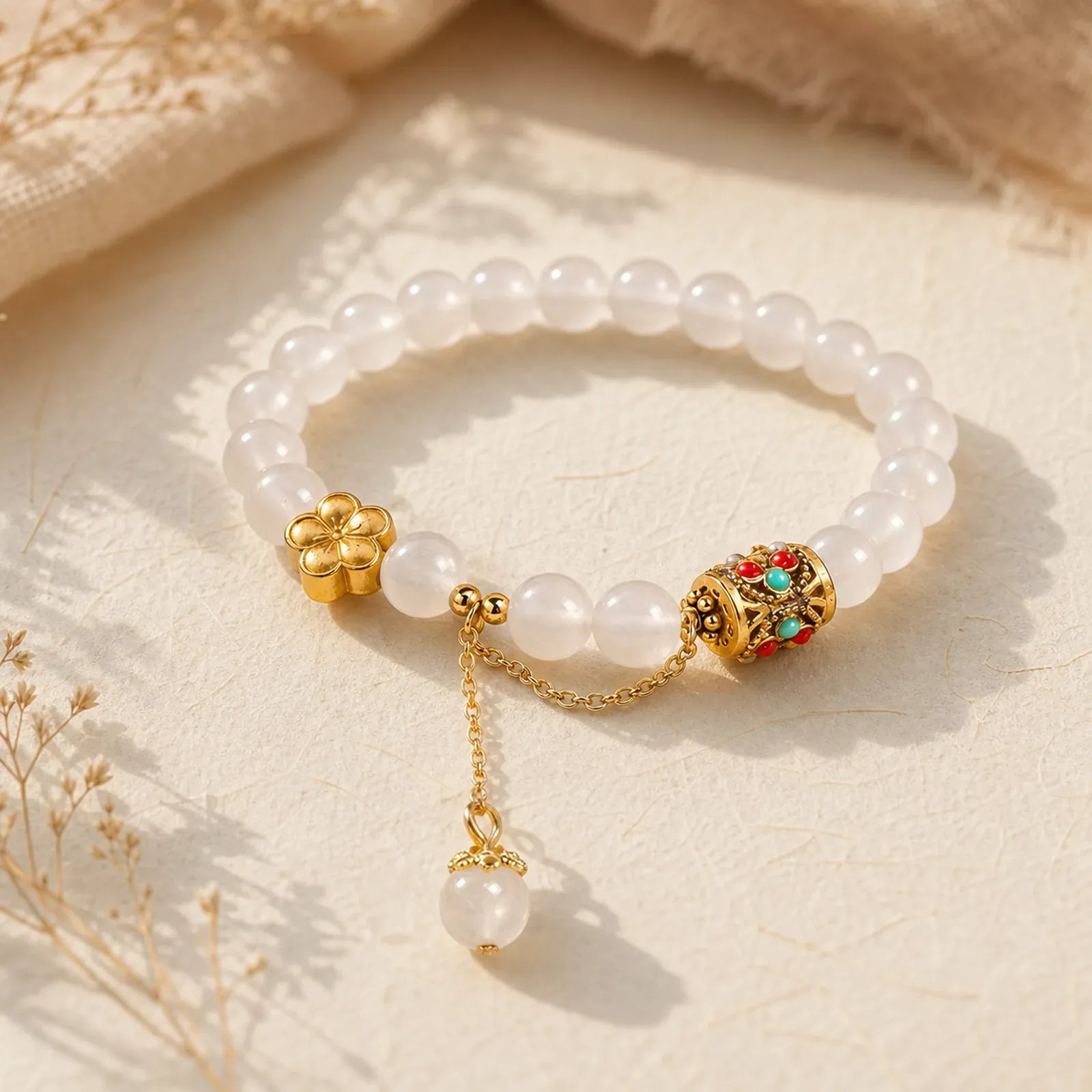 Tibetan White Agate Crystal Stone Flowers Positivity Bracelet featuring White Agate, White Stone, Red Agate