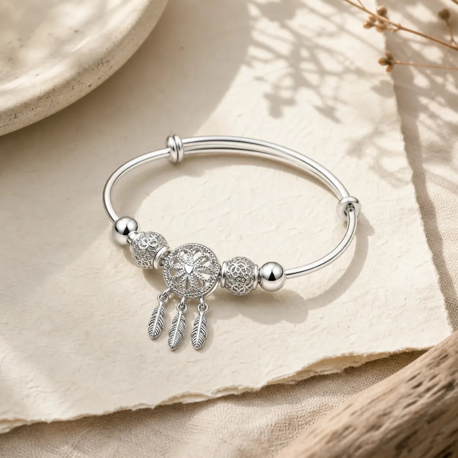 Tibetan White Copper Blessing Dream Catcher Charm Bracelet featuring Copper, Silver, Lotus