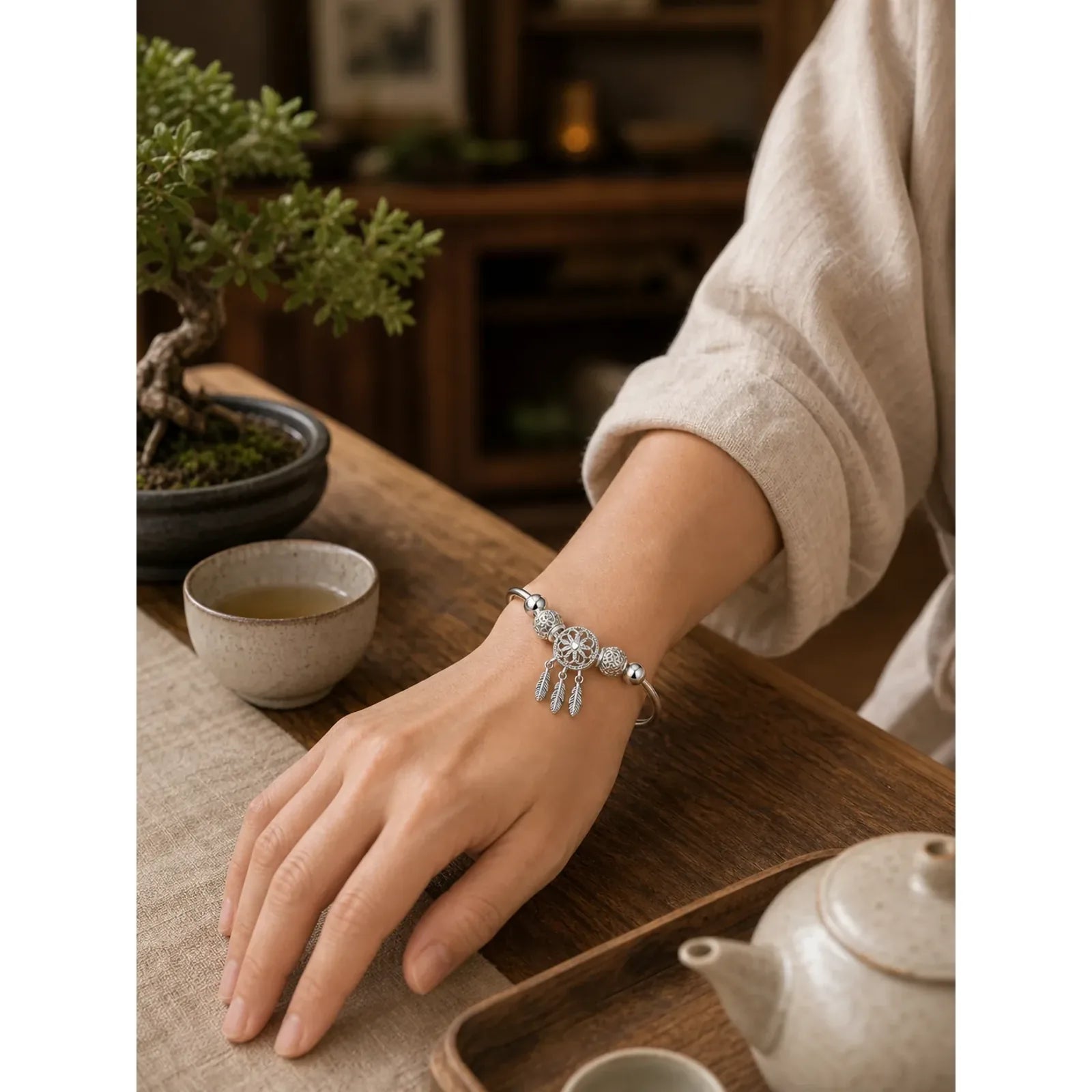 Tibetan White Copper Blessing Dream Catcher Charm Bracelet featuring Copper, Silver, Lotus