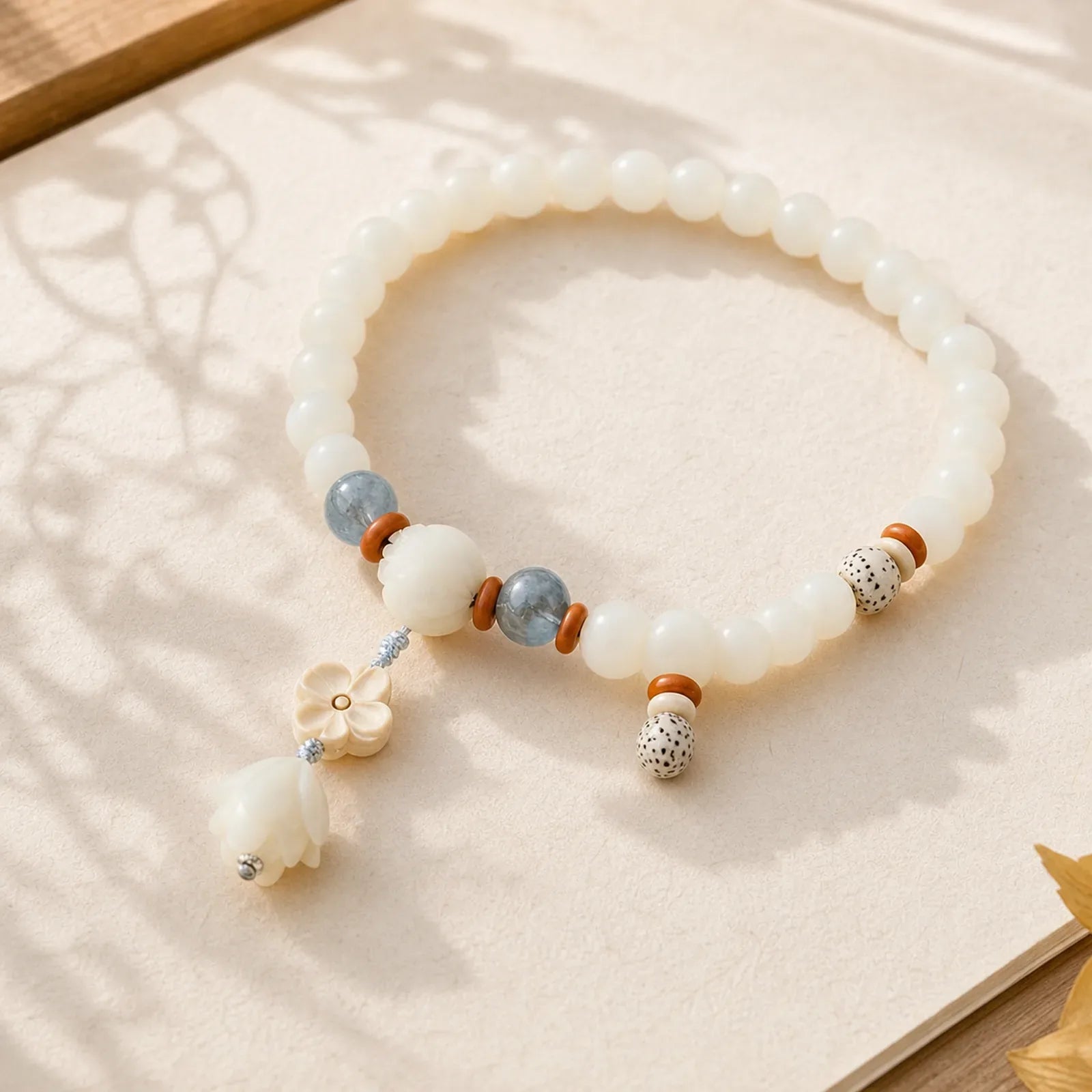 Tibetan White Jade Bodhi Lotus Blessing Bracelet featuring White Jade, Jade, Lotus