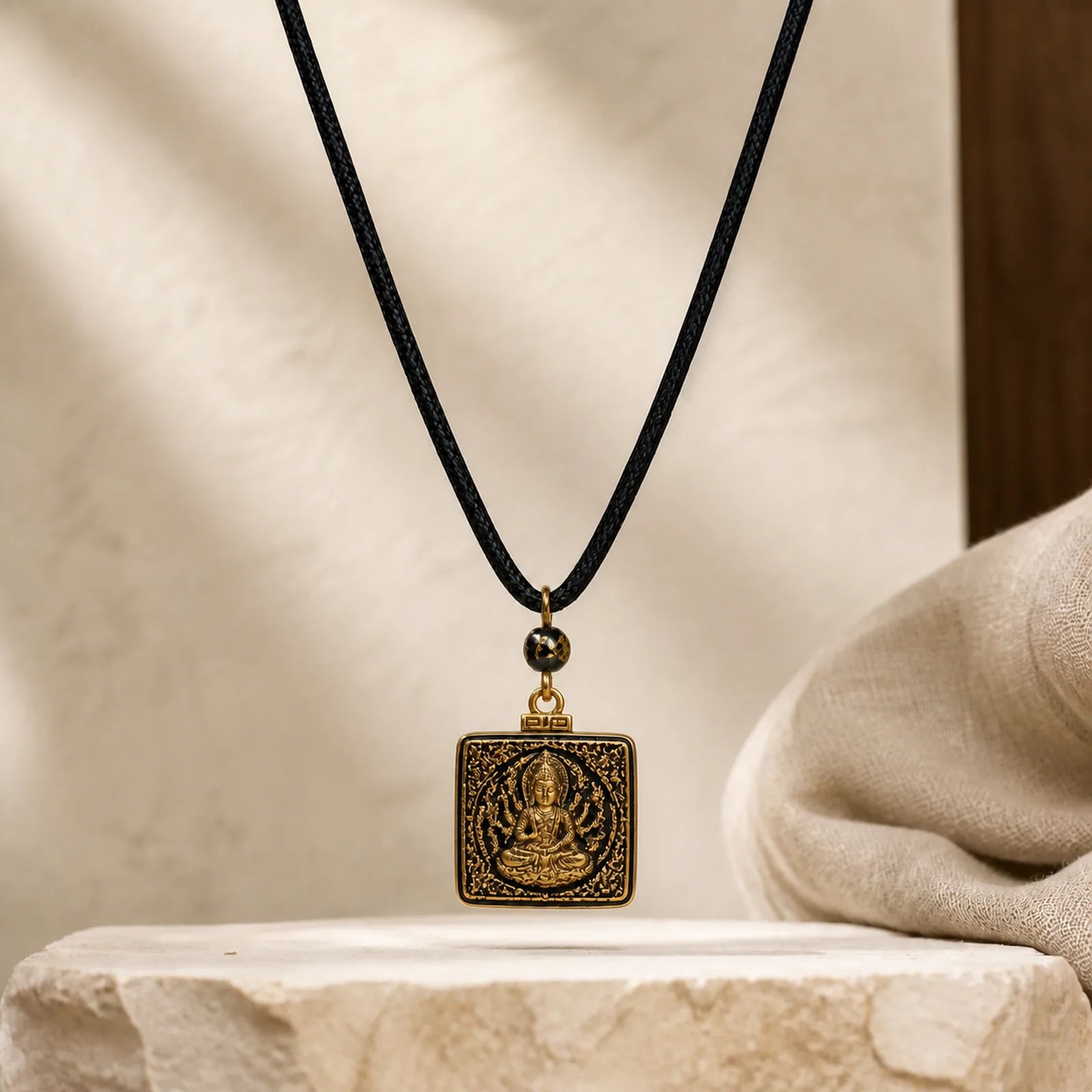 Tibetan Zakiram Goddess Of Wealth Protection Rope Square Necklace Pendant featuring Silver