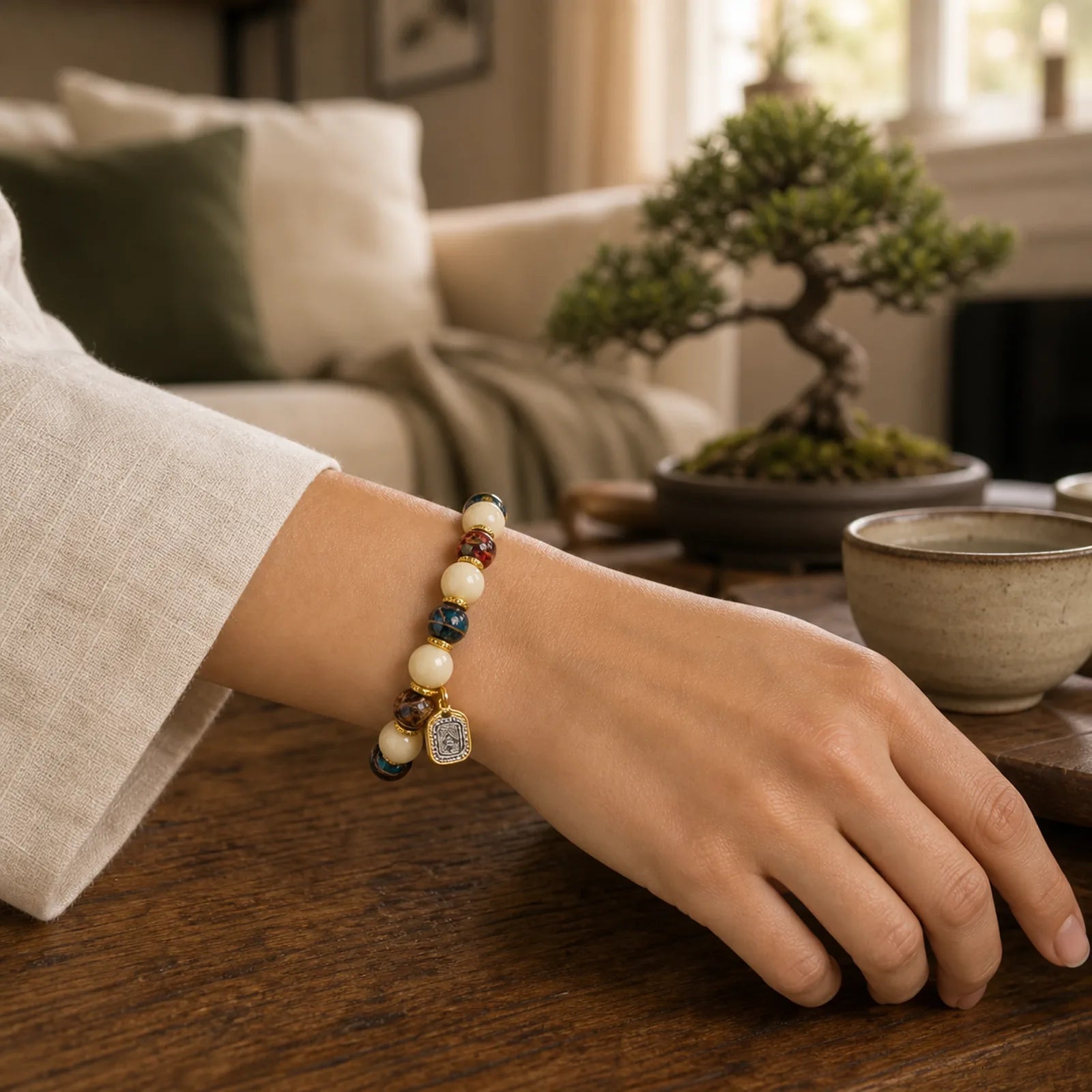 Tibetan Zakiram Goddess of Wealth Charm Liuli Glass Incense Ash Porcelain Bead Protection Bracelet featuring