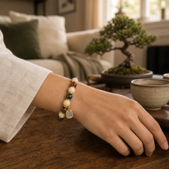 Tibetan Zakiram Goddess of Wealth Charm Liuli Glass Incense Ash Porcelain Bead Protection Bracelet featuring