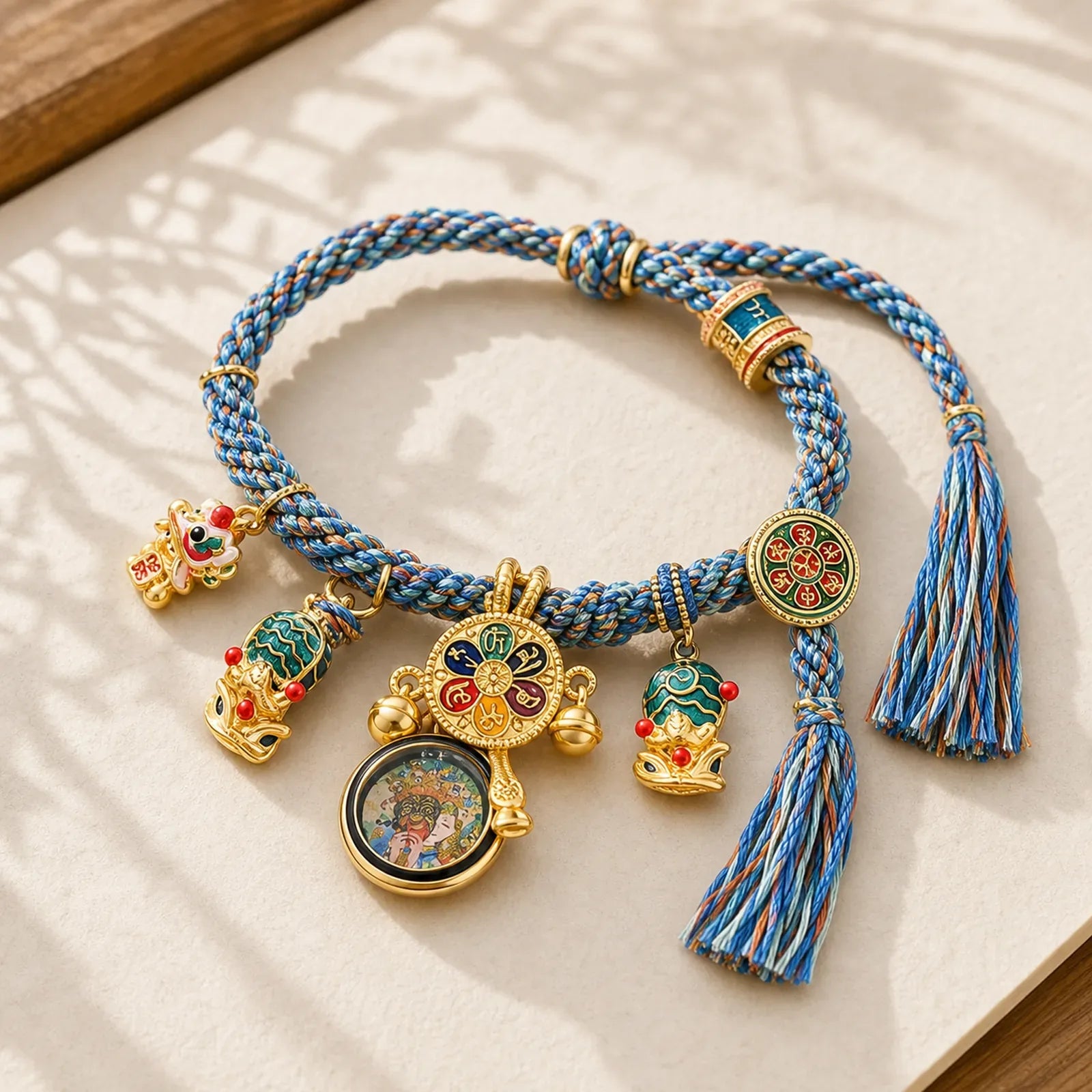 Tibetan Zakiram Goddess of Wealth Thangka Luck Prayer Wheel Braid String Bracelet featuring