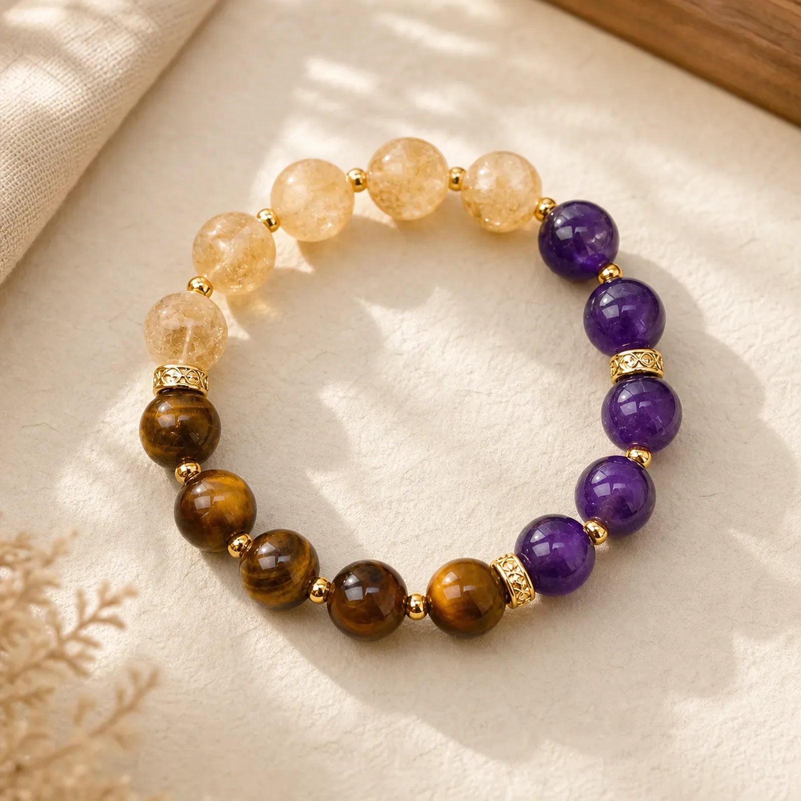 Tiger Eye Amethyst Citrine Bead Courage Bracelet featuring Tiger Eye, Amethyst, Citrine