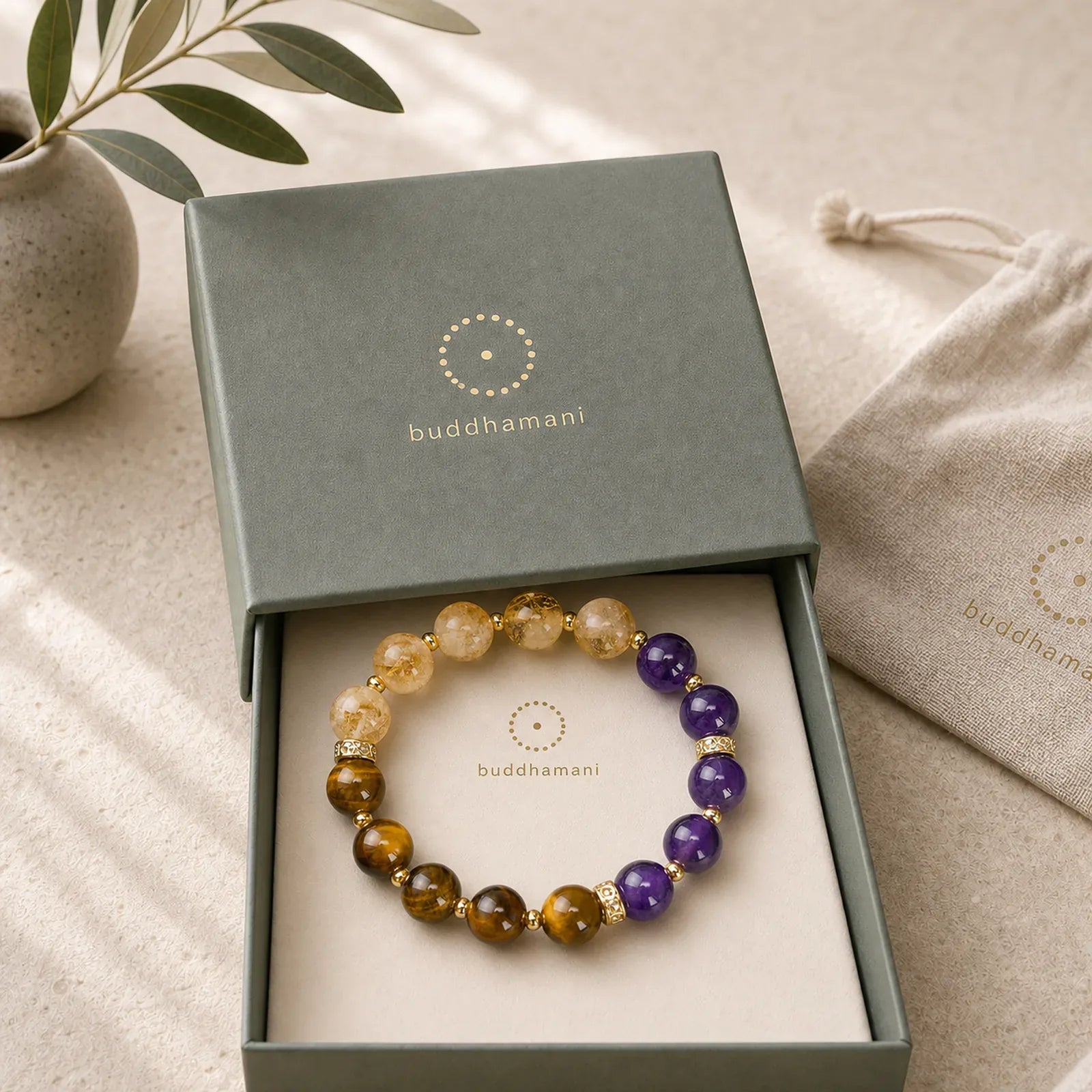 Tiger Eye Amethyst Citrine Bead Courage Bracelet featuring Tiger Eye, Amethyst, Citrine