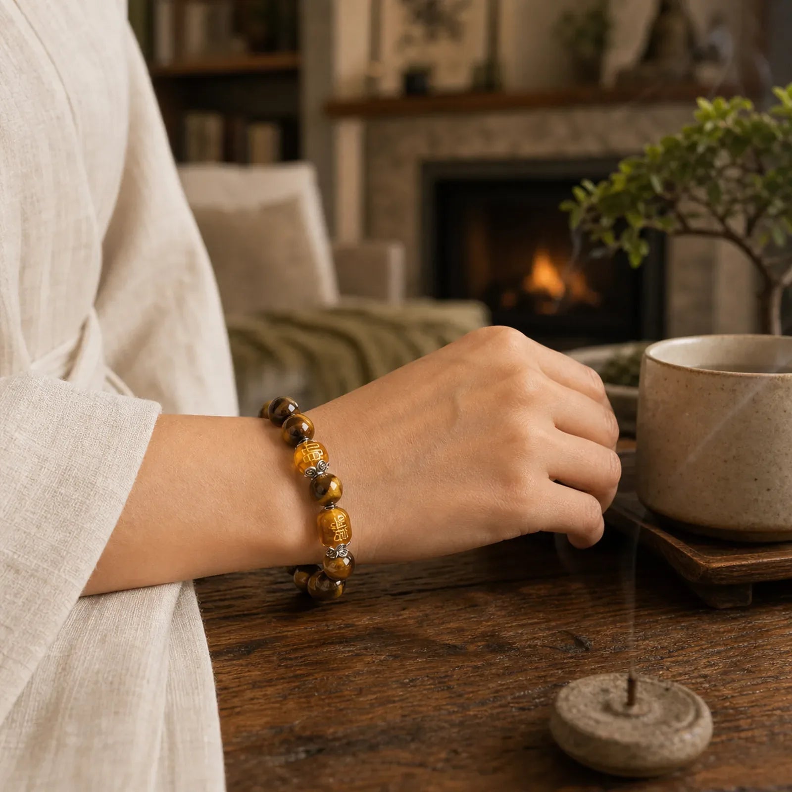 Tiger Eye Bead Fortune Prosperity Bracelet featuring Tiger Eye